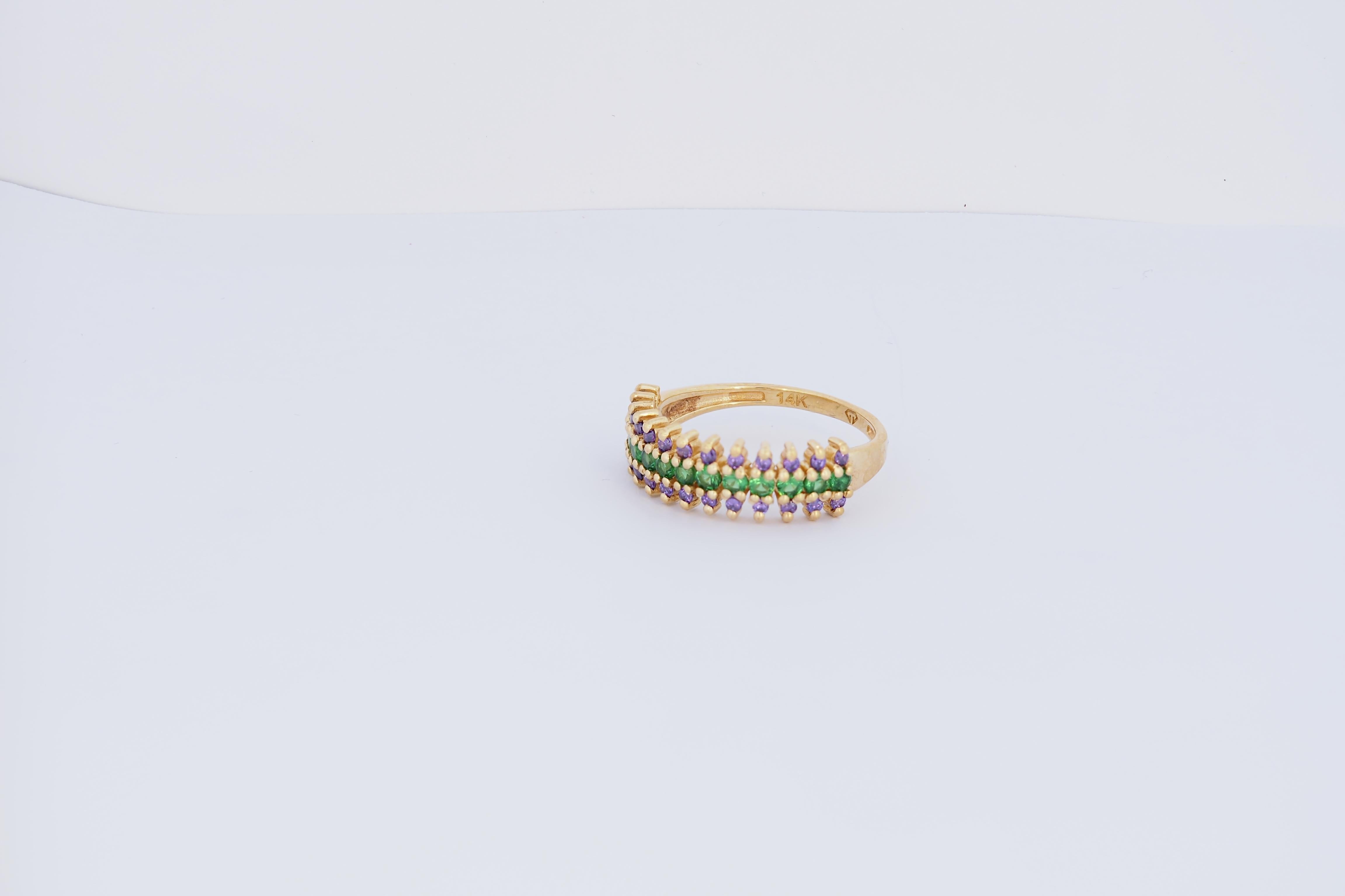 For Sale:  Semi eternity purple and green gems 14k gold ring band 3