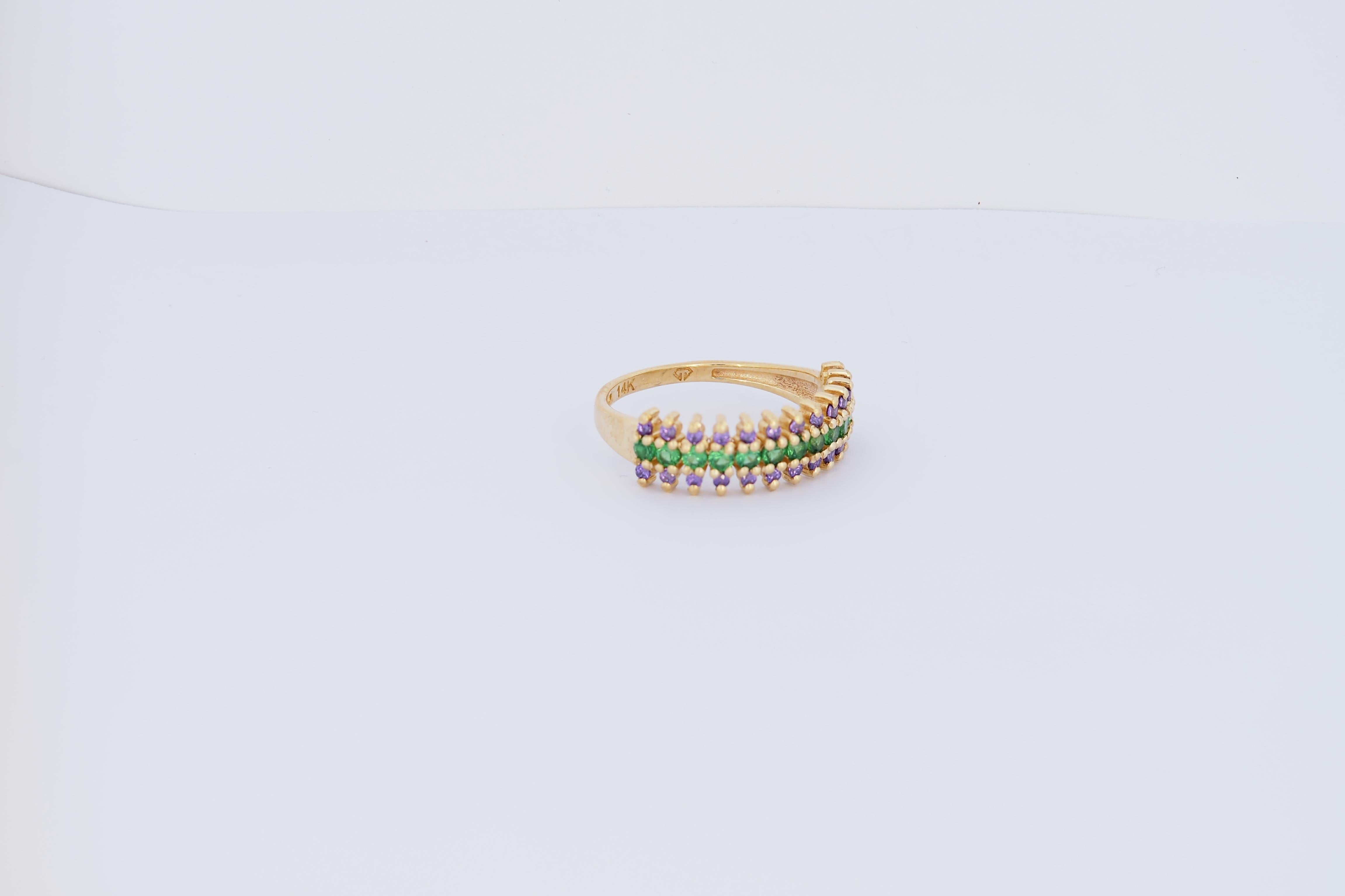 For Sale:  Semi eternity purple and green gems 14k gold ring band. 5