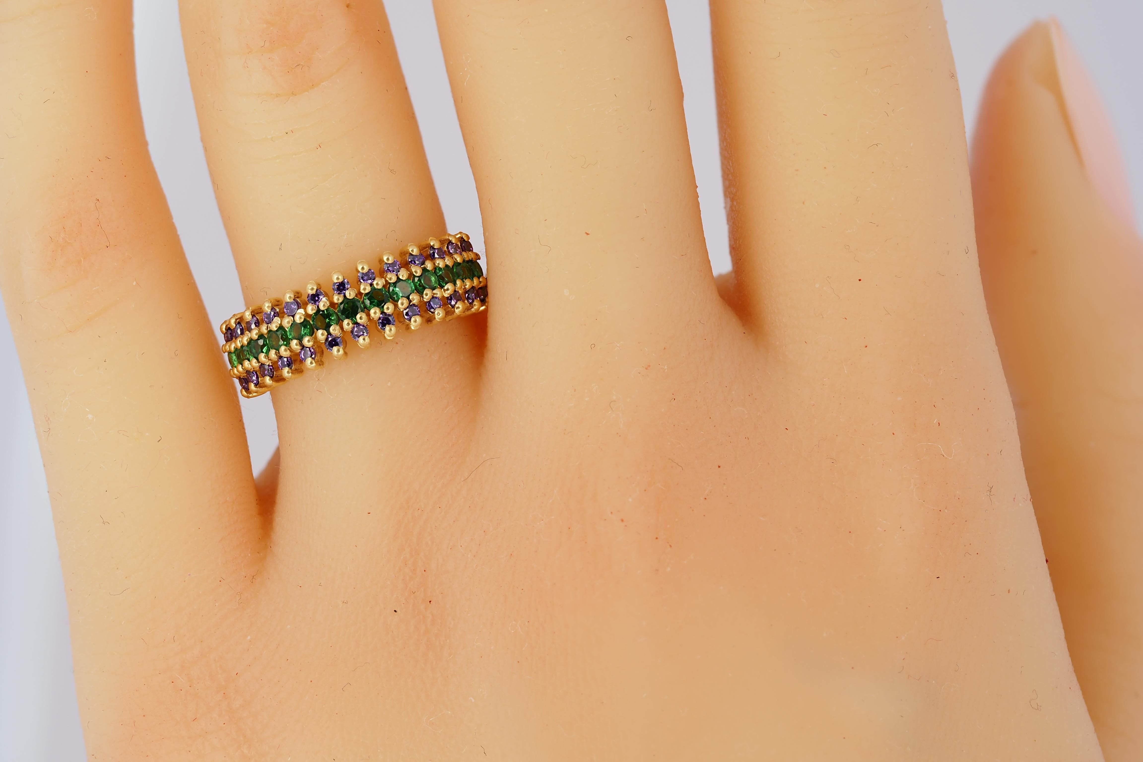 For Sale:  Semi eternity purple and green gems 14k gold ring band. 6