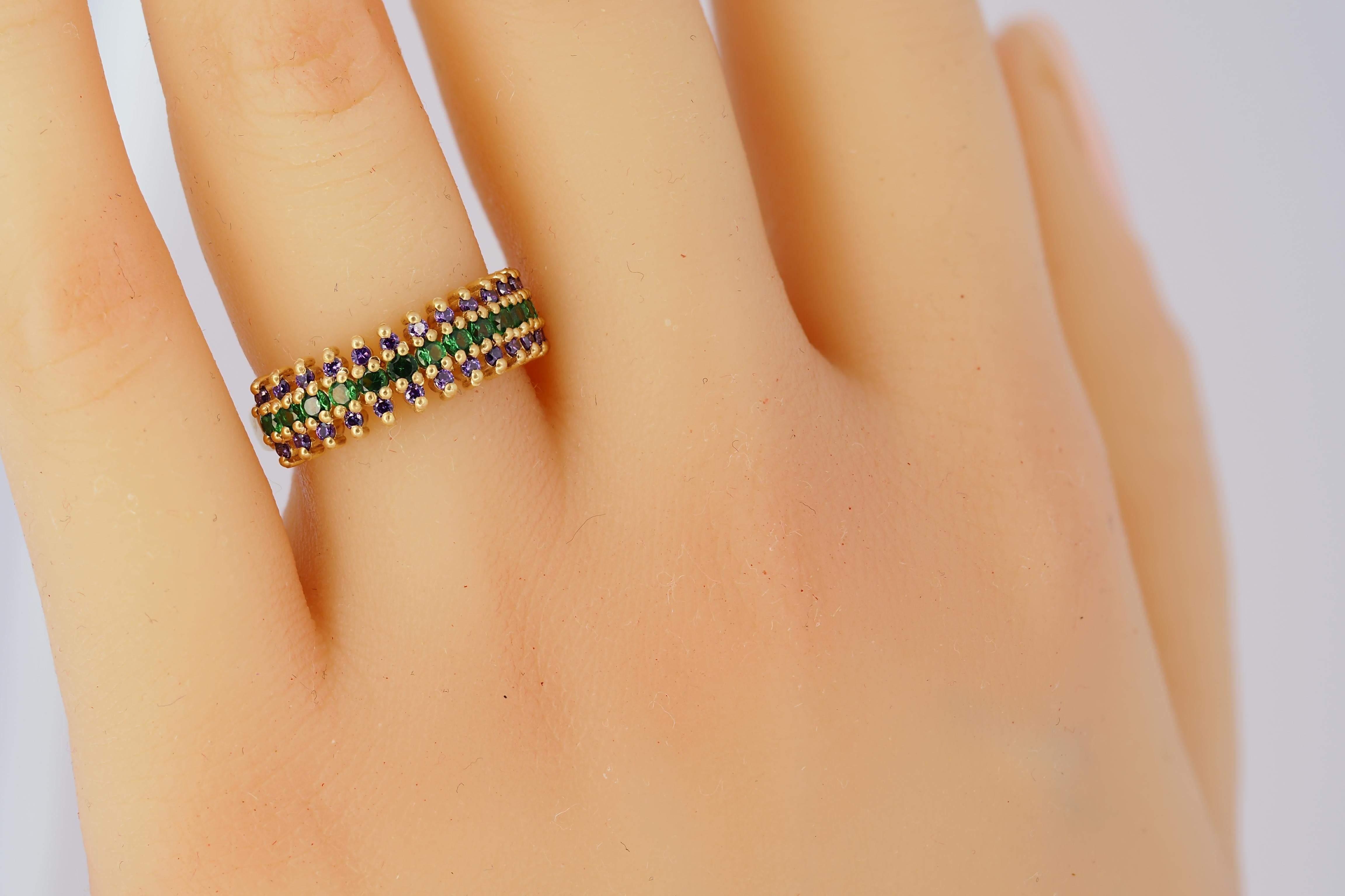 For Sale:  Semi eternity purple and green gems 14k gold ring band 6