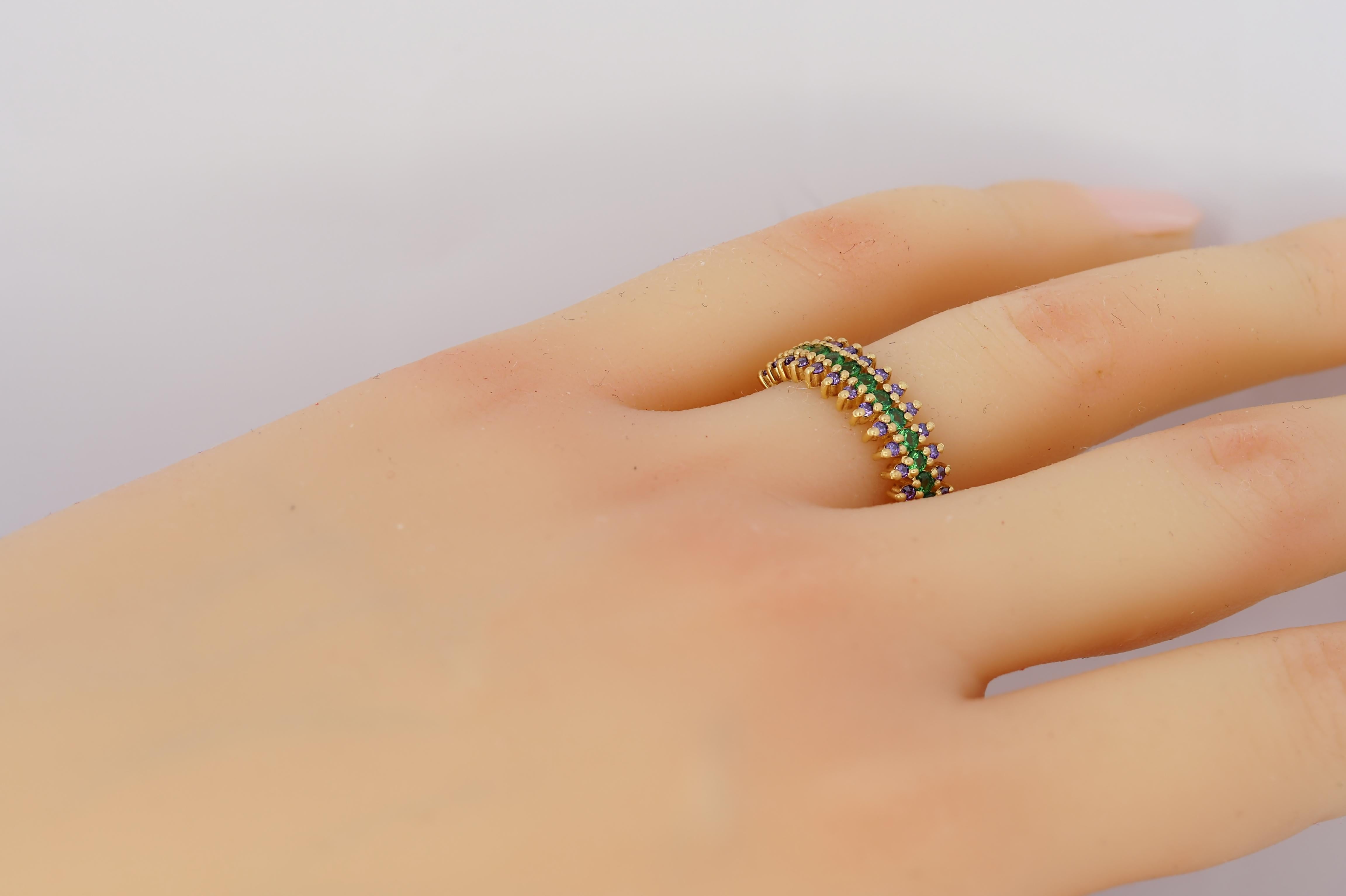For Sale:  Semi eternity purple and green gems 14k gold ring band 7