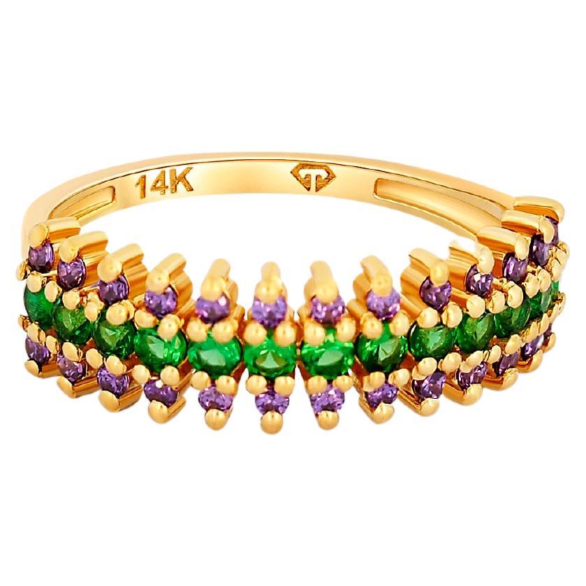 Semi eternity purple and green gems 14k gold ring band