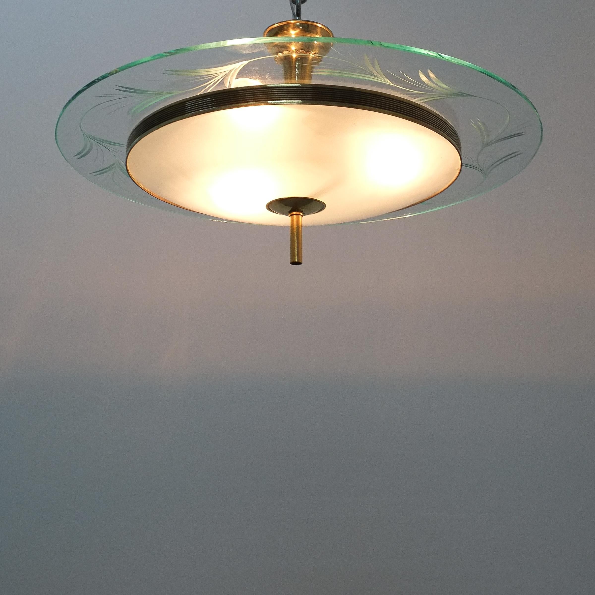 Semi flush mount attributed to Luigi Brusotti, circa 1945, Italy. Beautifully preserved ceiling lampmount with a 19.5
