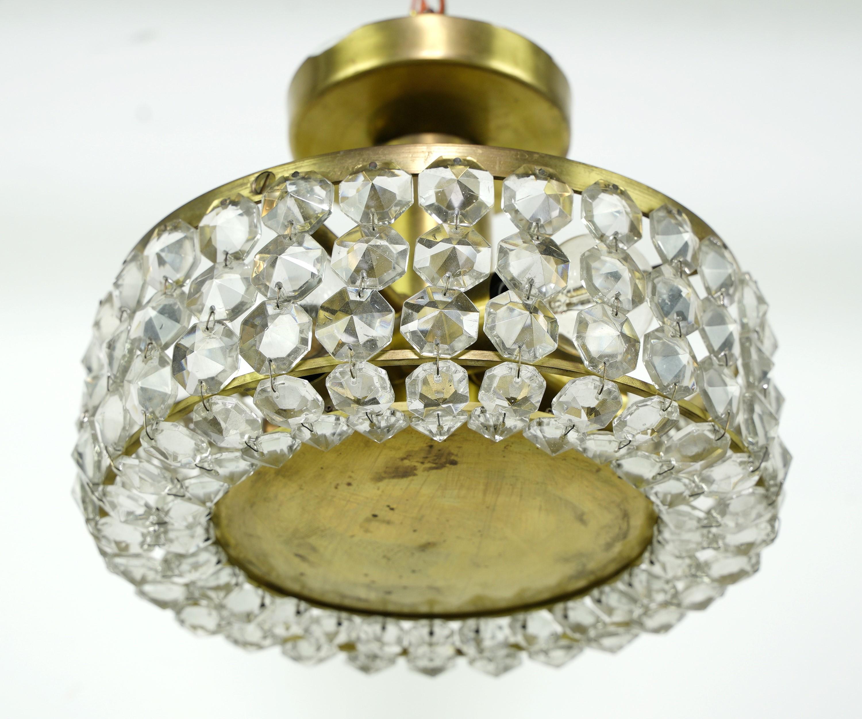 20th century Small brass semi flush mount basket pendant light featuring crystal-like acrylic jewels. Takes five candelabra light bulbs. Cleaned and restored. Please note, this item is located in our Scranton, PA location.