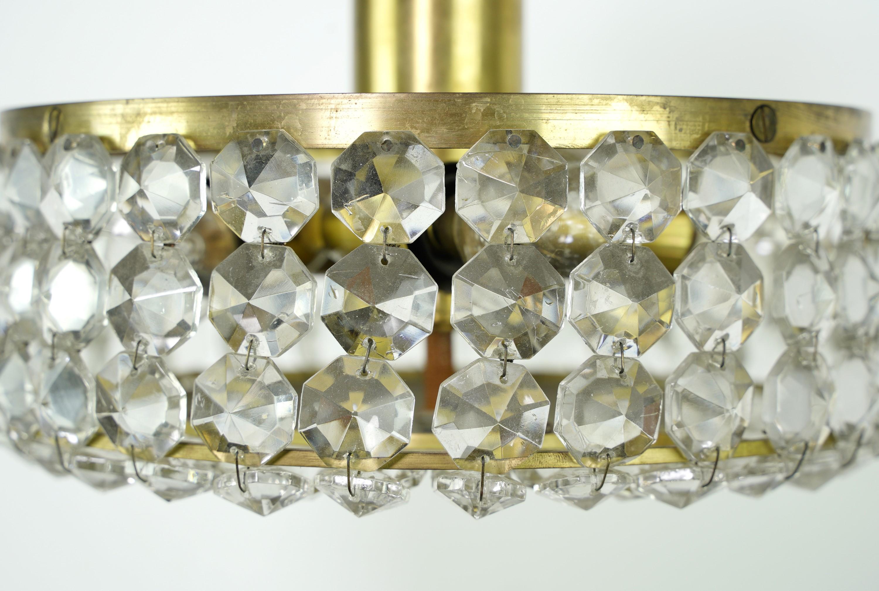 Semi Flush Mount Brass Pendant Lights Acrylic Diamonds In Good Condition In New York, NY