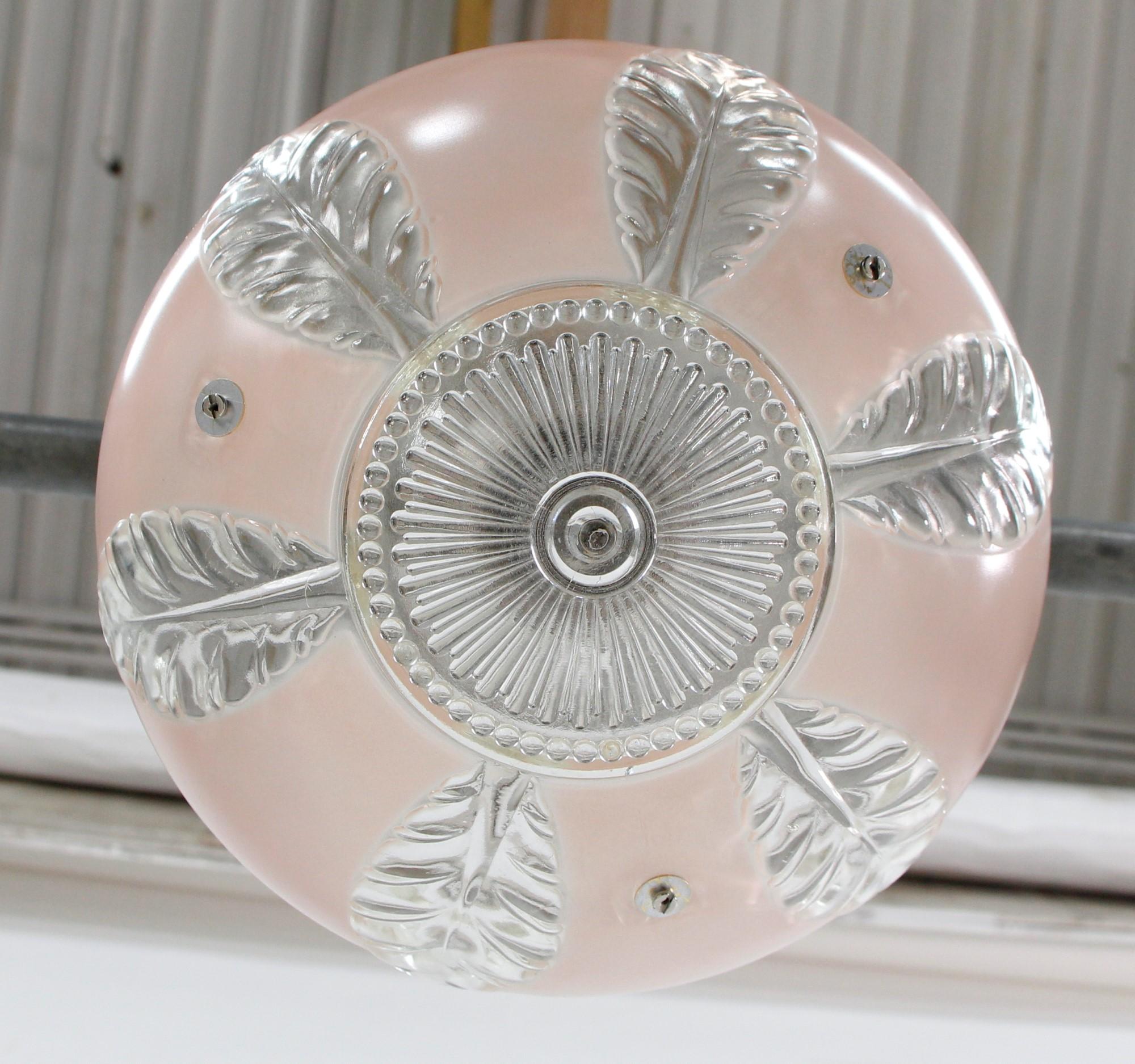 Polished Semi-Flush Mount Light Pink Dish Clear Glass Leaf Motif & Nickel Plated Fitter