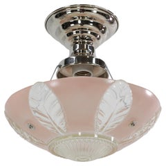 Semi-Flush Mount Light Pink Dish Clear Glass Leaf Motif & Nickel Plated Fitter