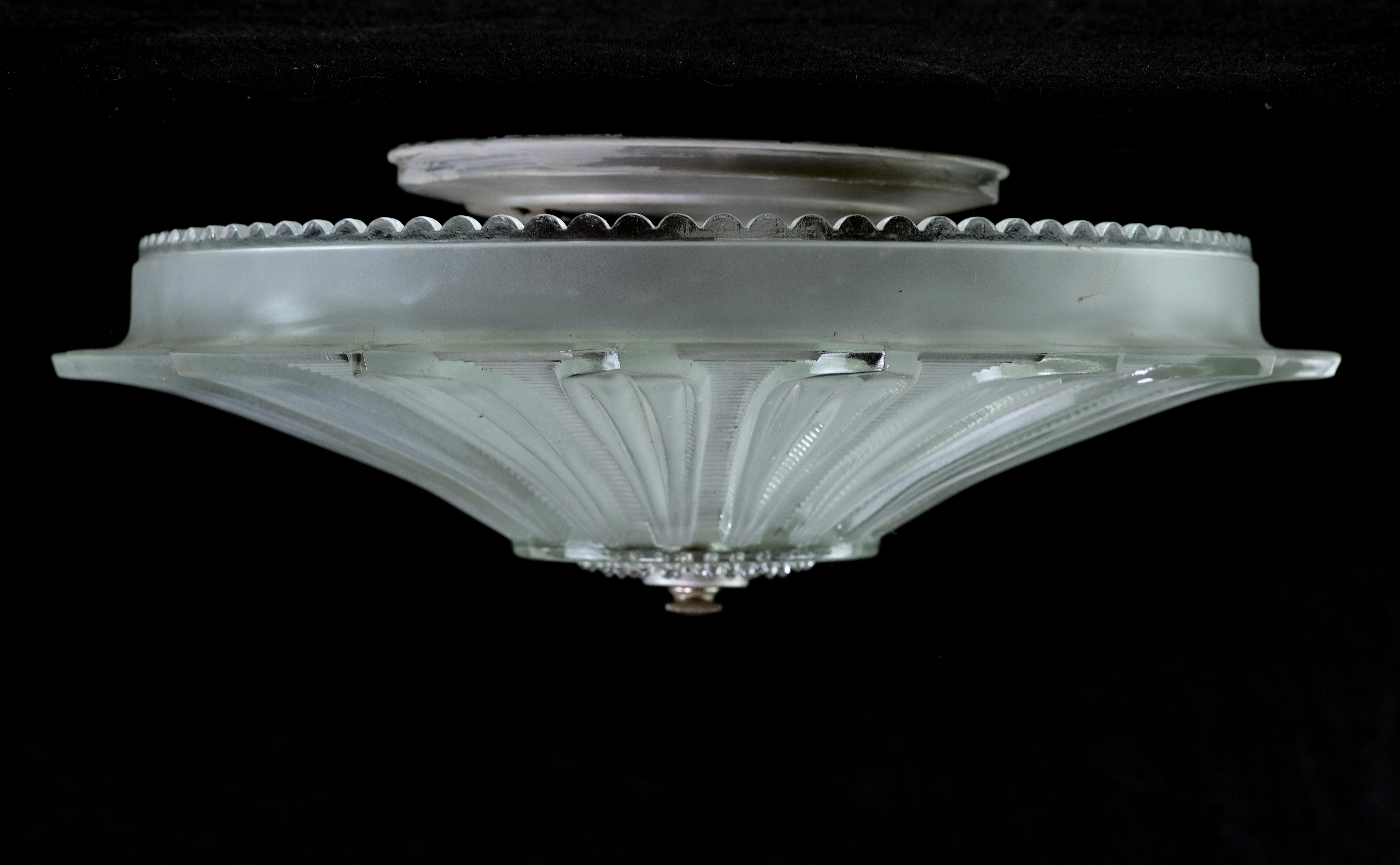 American Semi Flush Mount Light Textured Ribbed Daisy Dish, 1940s