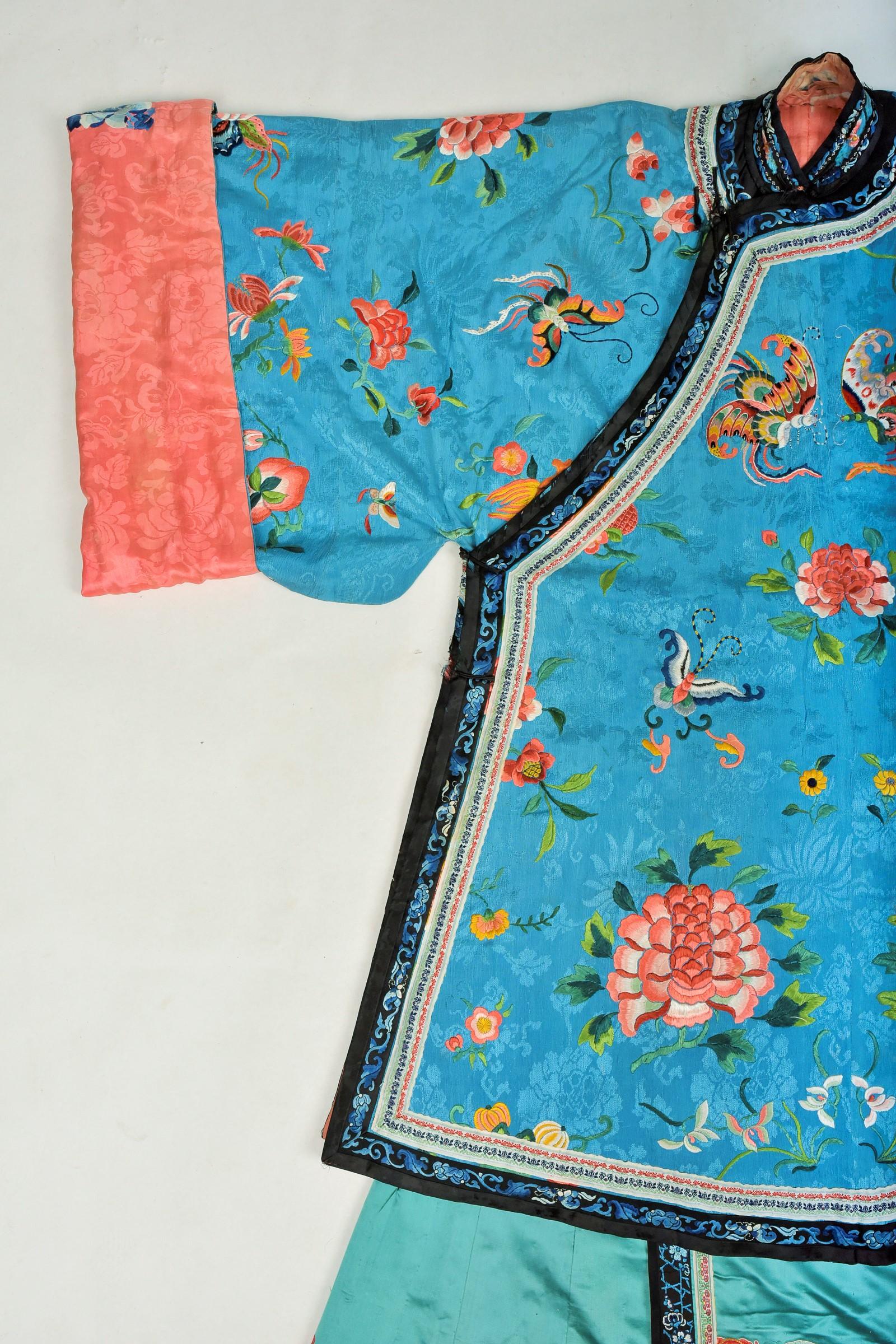 Blue Semi Formal Silk Embroidered Manchu Woman's Skirt and Dress Qing period C.1900