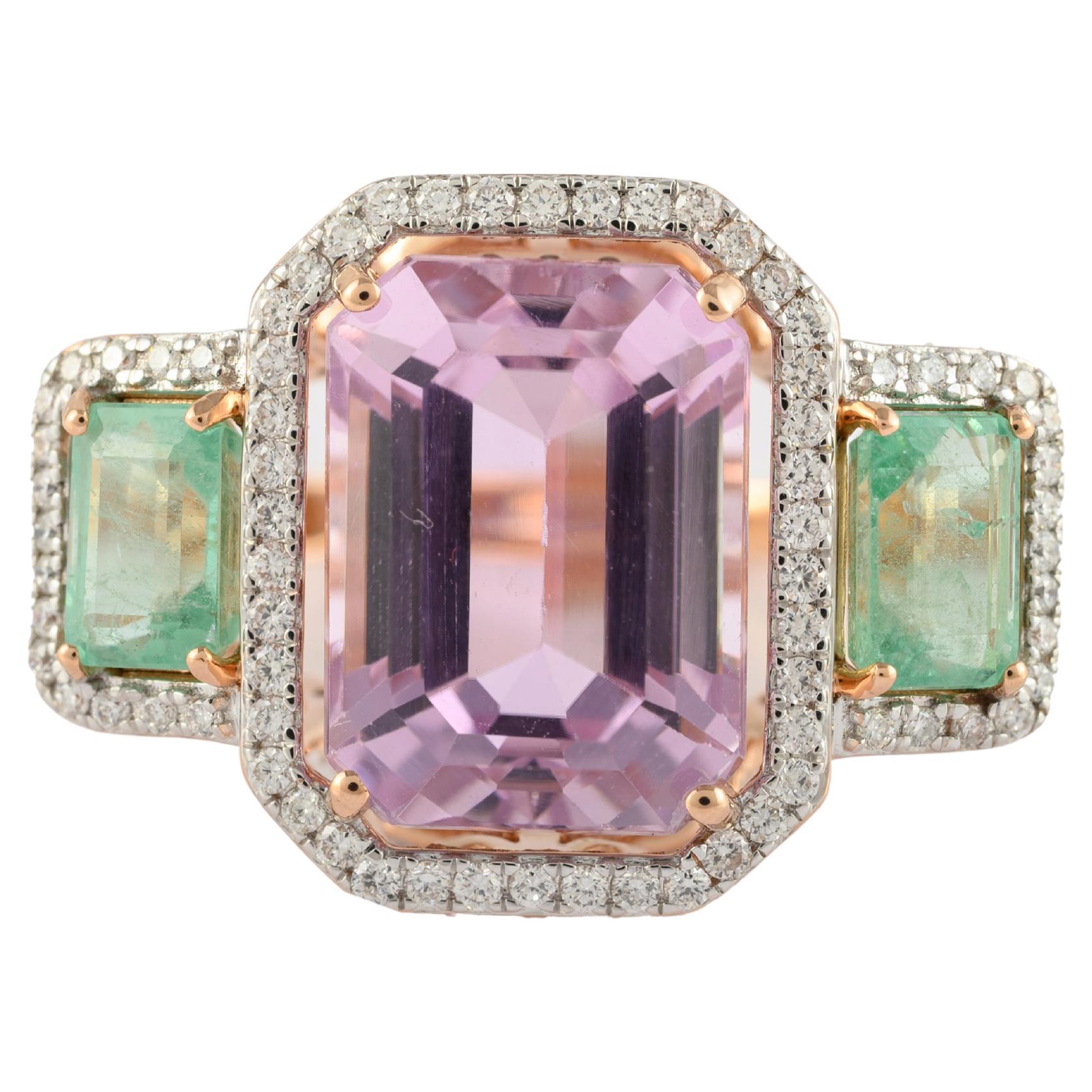 Semi Gemstone and Emerald Cocktail Ring with Diamonds in 18k Solid Rose Gold