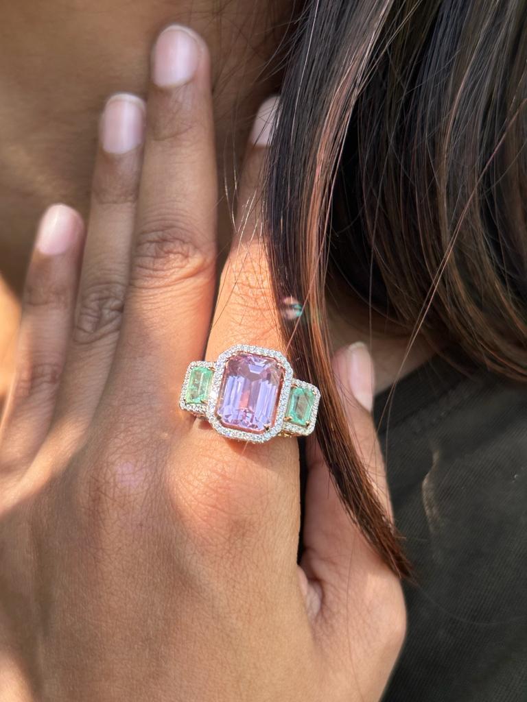For Sale:  Semi Gemstone and Emerald Cocktail Ring with Diamonds in 18k Solid Rose Gold 7