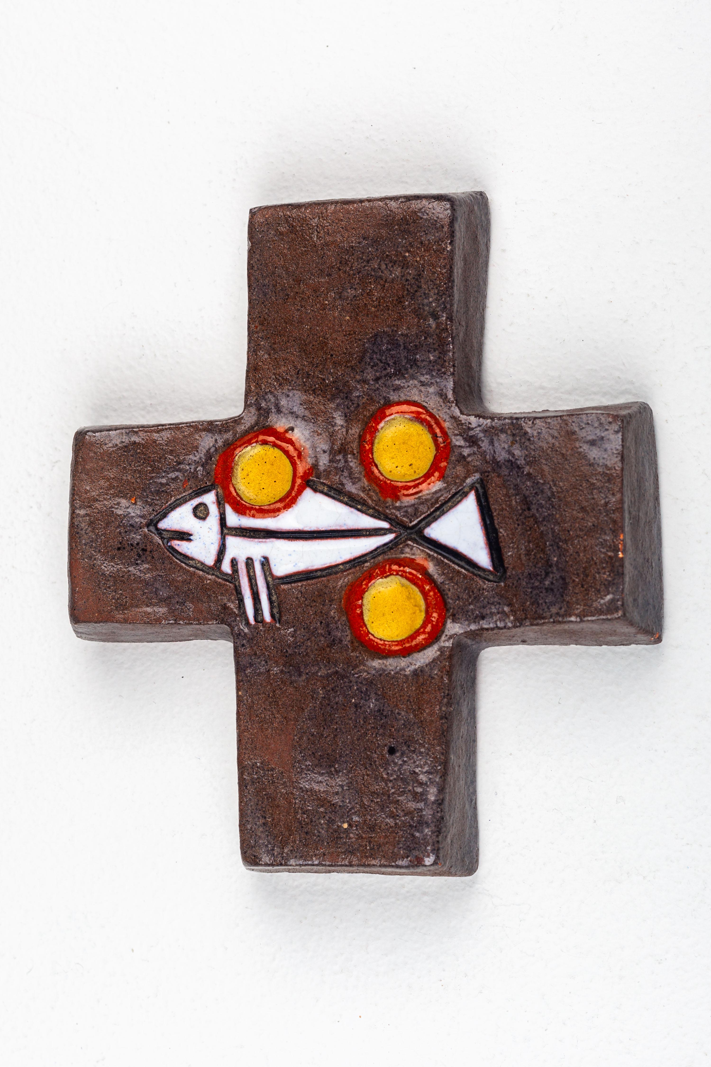 Mid-Century Modern Semi-Gloss Brown and Black Ceramic Cross With Fish and Circular Embellishments  For Sale