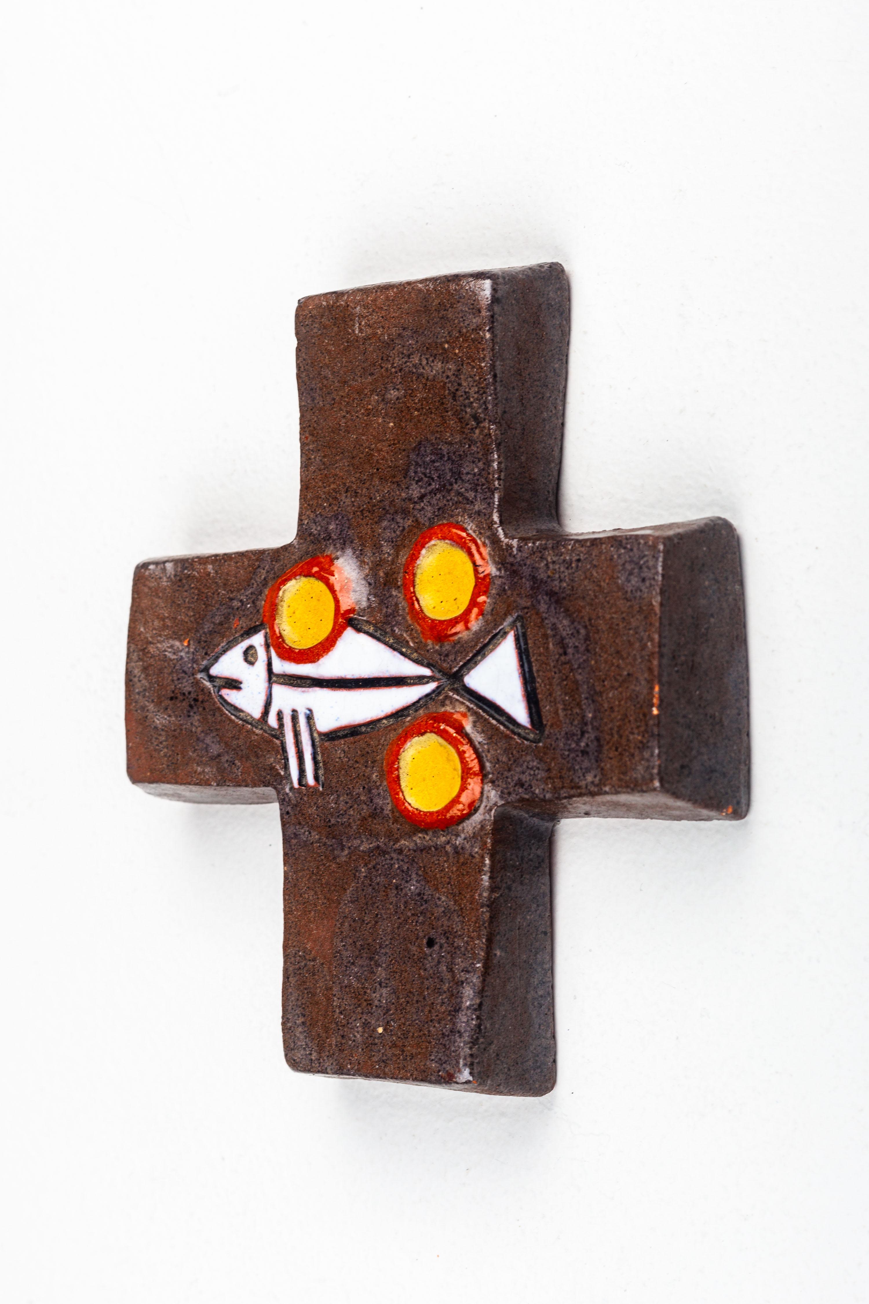 European Semi-Gloss Brown and Black Ceramic Cross With Fish and Circular Embellishments  For Sale