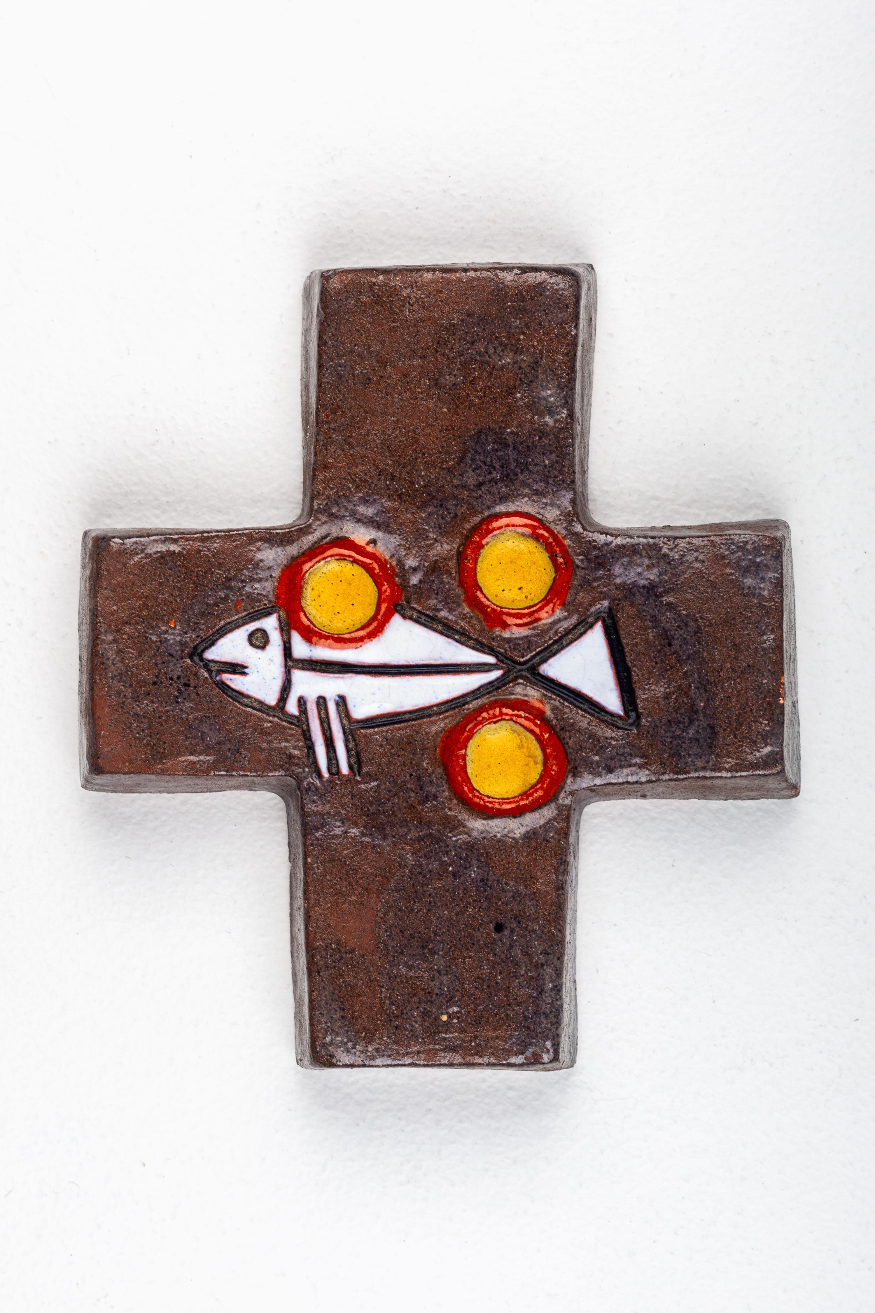 Mid-20th Century Semi-Gloss Brown and Black Ceramic Cross With Fish and Circular Embellishments  For Sale