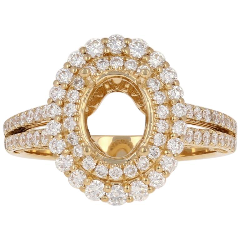 Semi-Mount Double Halo Ring 18 Karat Gold for Oval Cut Diamond Accents .97 Carat