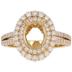 Semi-Mount Double Halo Ring 18 Karat Gold for Oval Cut Diamond Accents .97 Carat