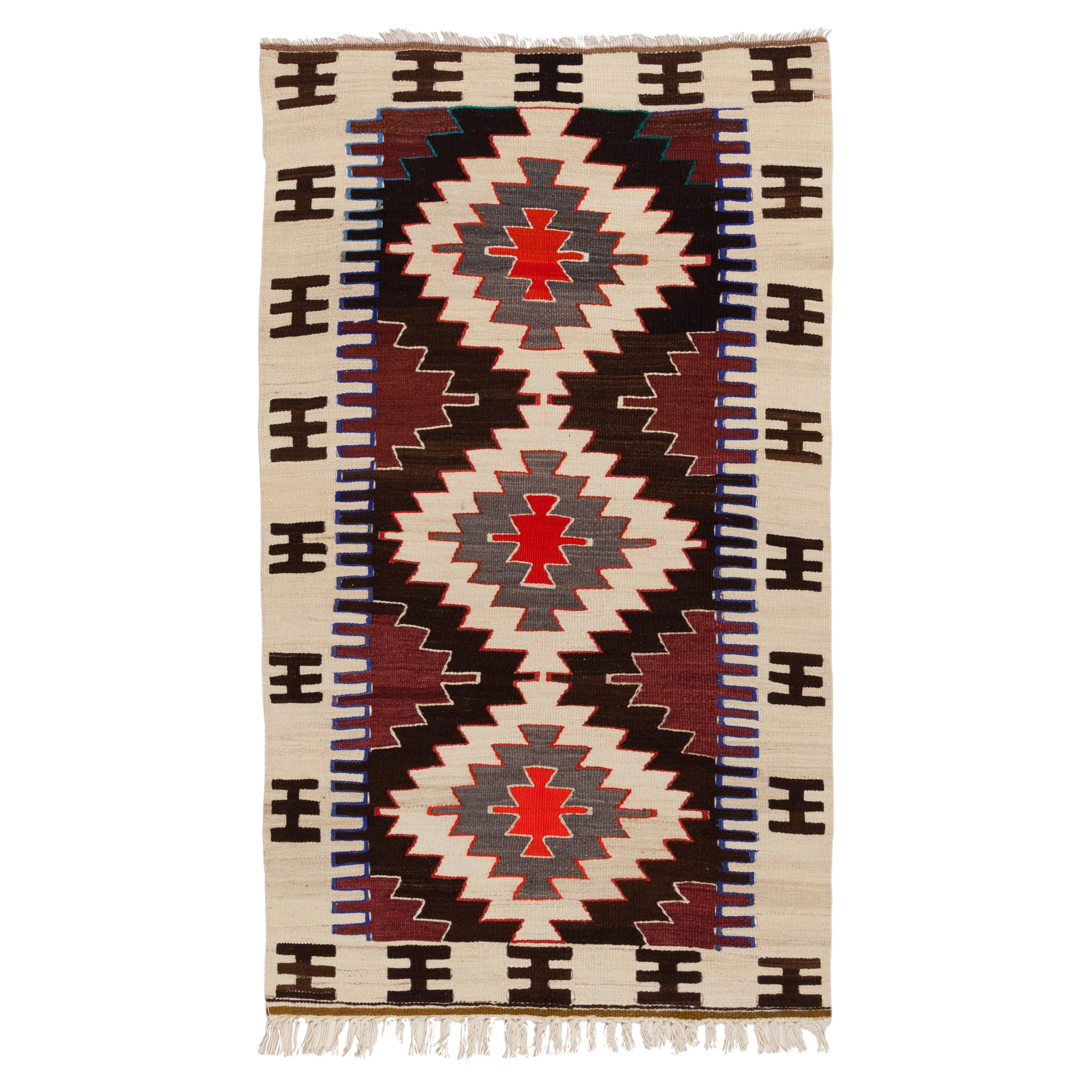 Semi Old Vintage Handwoven Wool Mut Kilim Central Anatolian Rug Turkish Carpet