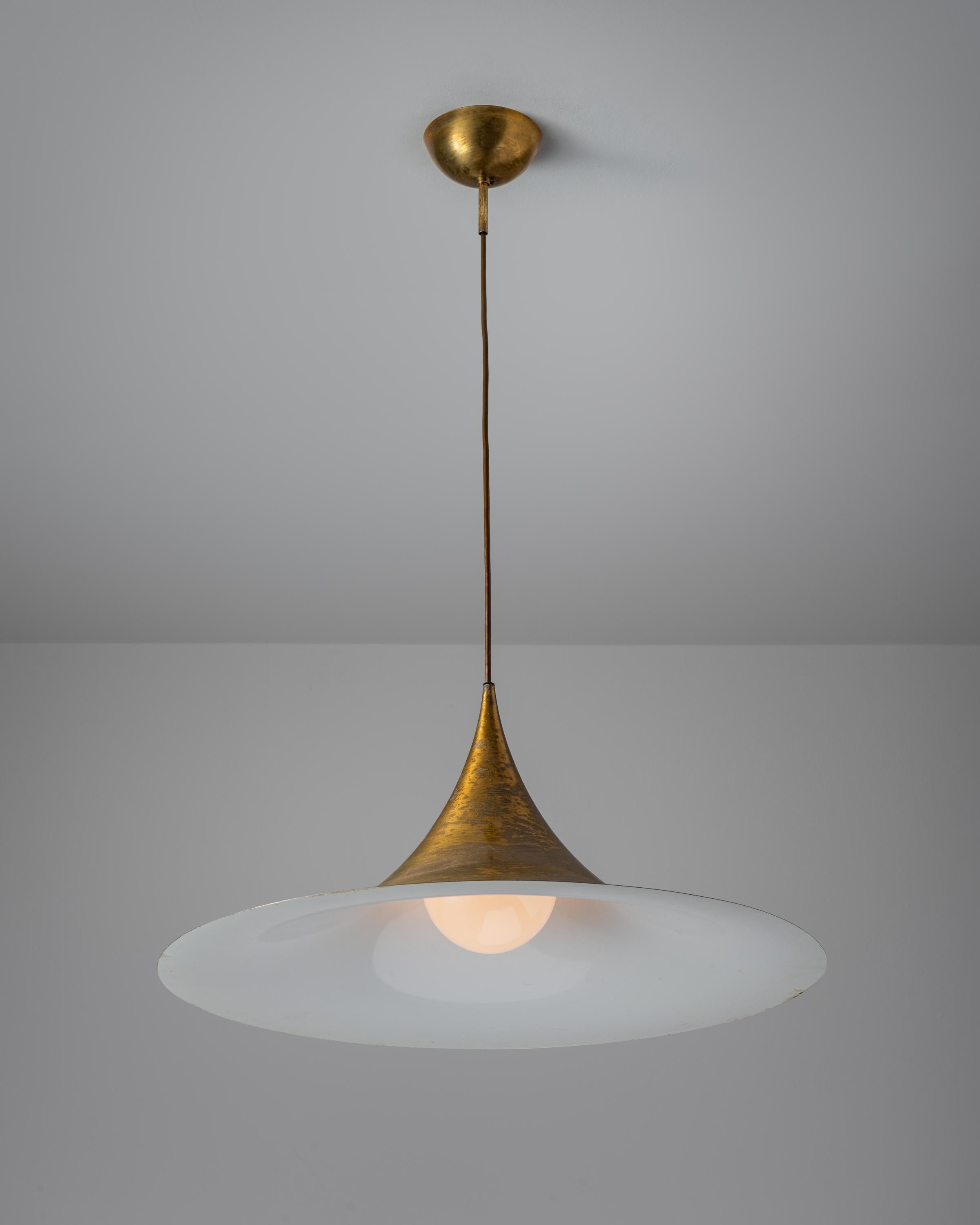 Original early solid brass semi pendant by Claus Bonderup and Torsten Thorup for Fog & Mørup. Manufactured in Denmark, circa 1970's. Brass. Original canopy, wired for U.S. standards. We recommend one E26 75w maximum bulb. Bulb provided as a onetime