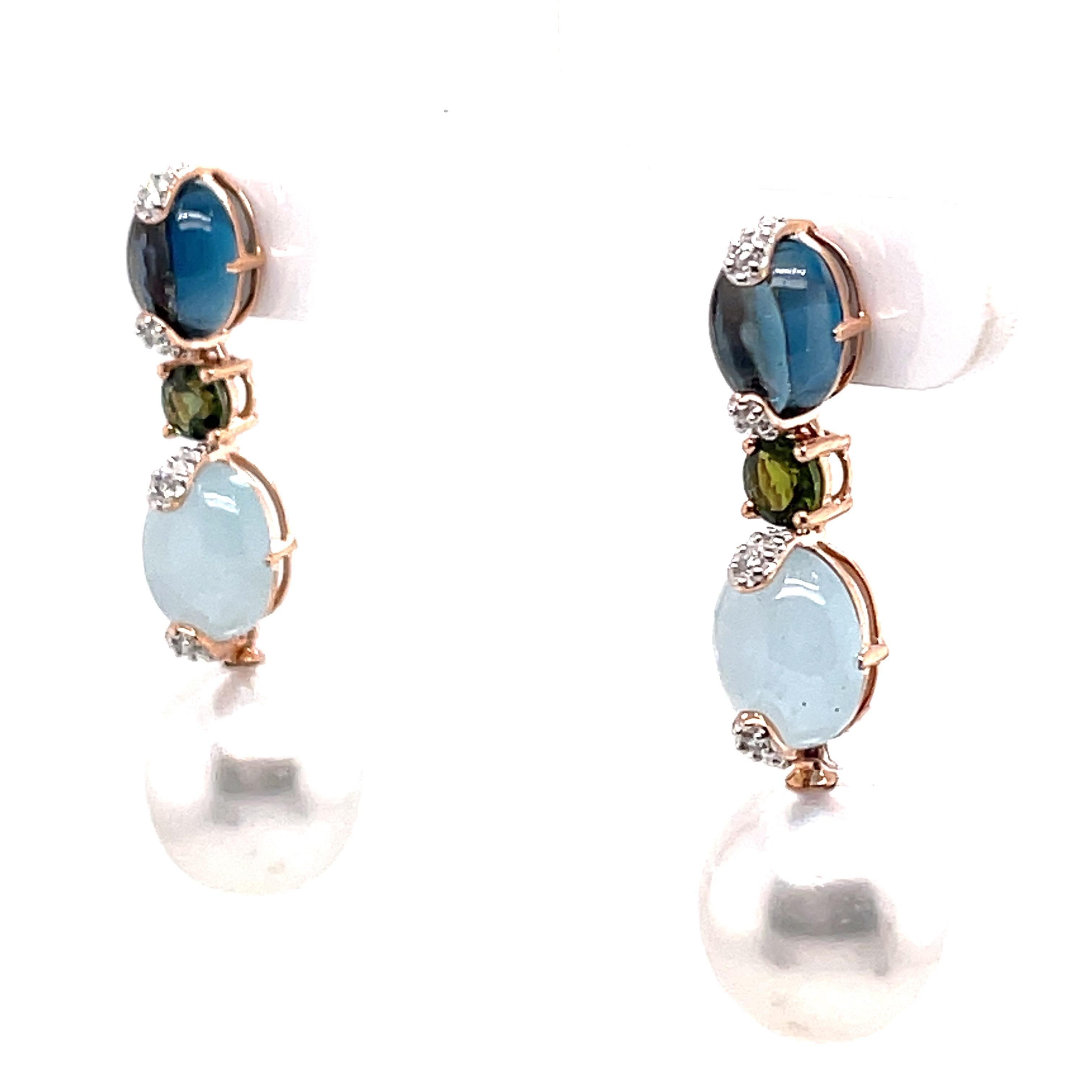 Contemporary Semi-Precious and South Sea Earrings 18K Rose Gold For Sale