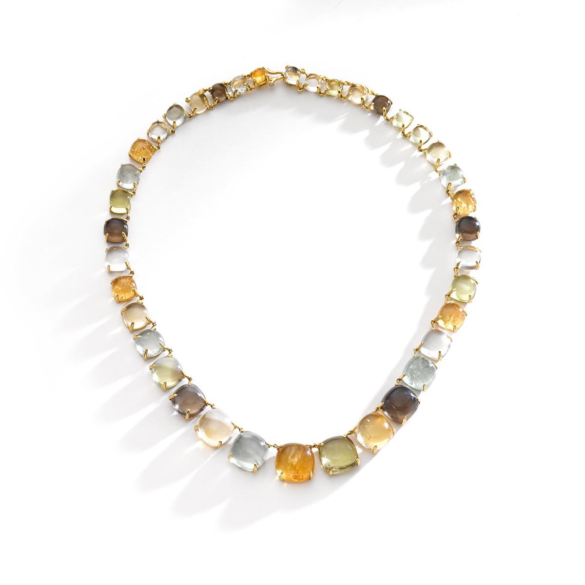 Indulge in the enchanting beauty of our Semi-Precious Cabochon Stones Graduated Necklace, a true treasure that exudes elegance and sophistication. This exquisite piece features a carefully curated selection of vibrant gemstones, including citrine,