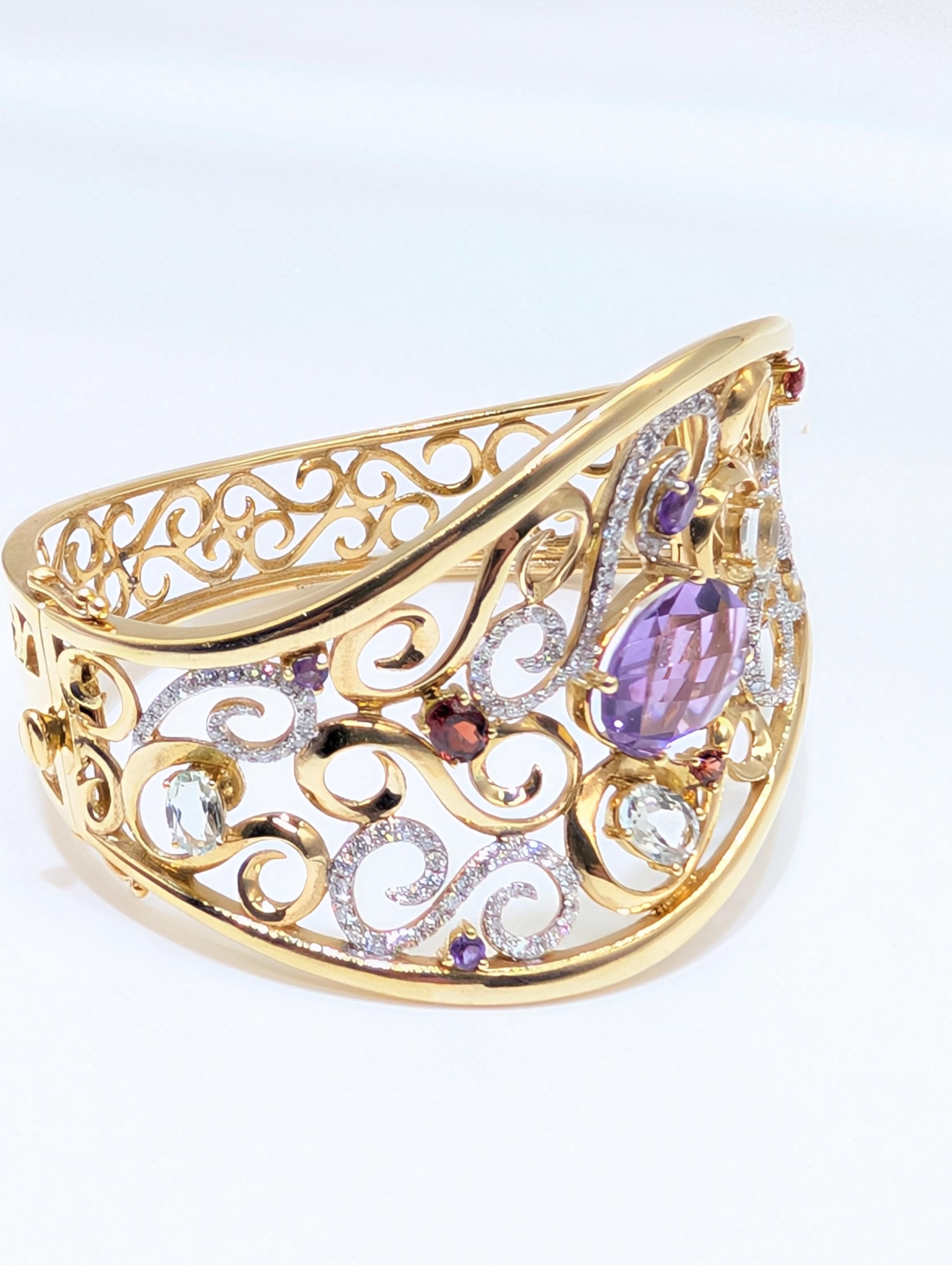 Taglio ovale Bracciale con pietre colorate semi preziose e diamanti in oro giallo 14k in vendita