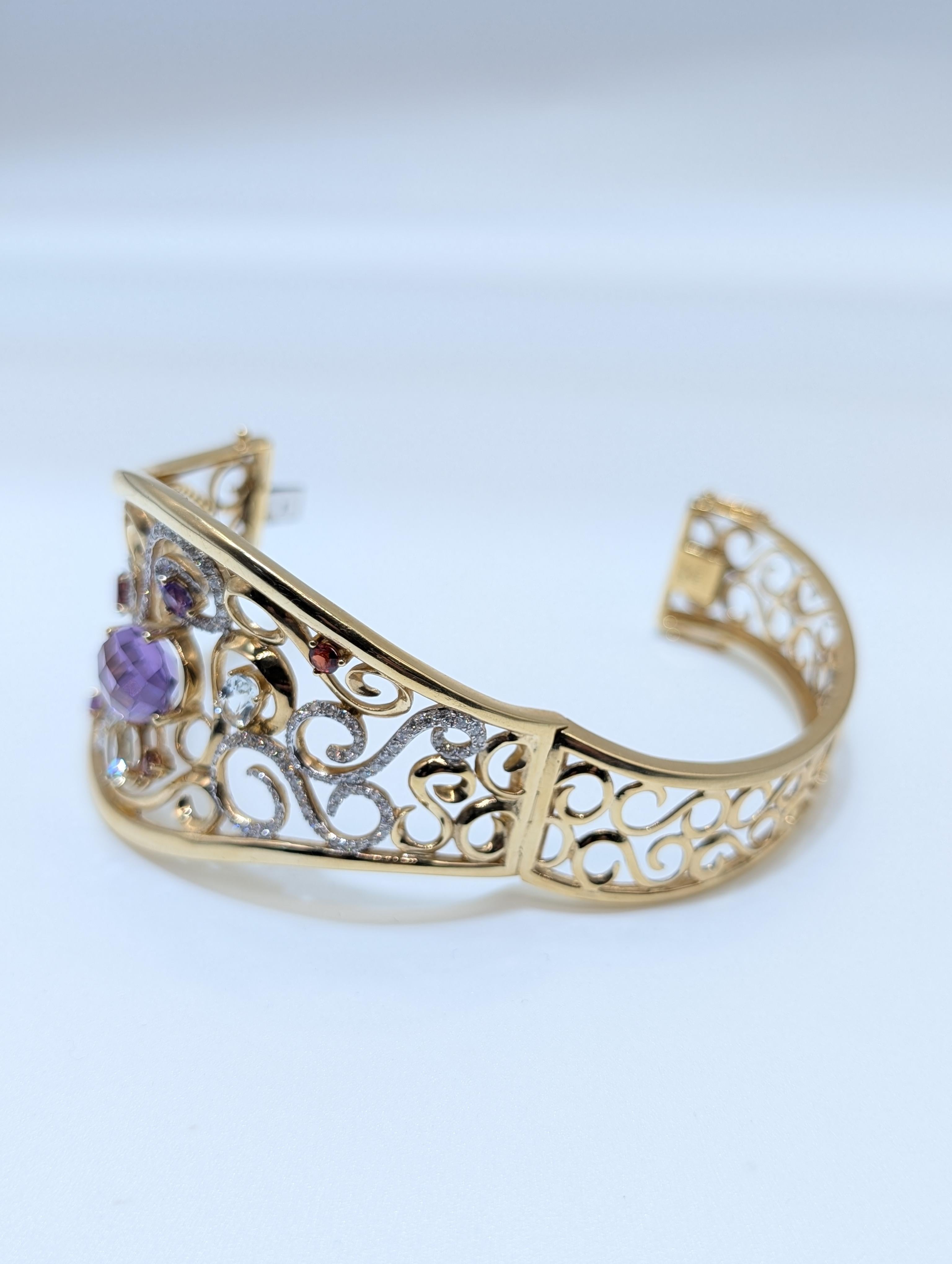Bracciale con pietre colorate semi preziose e diamanti in oro giallo 14k in vendita 2