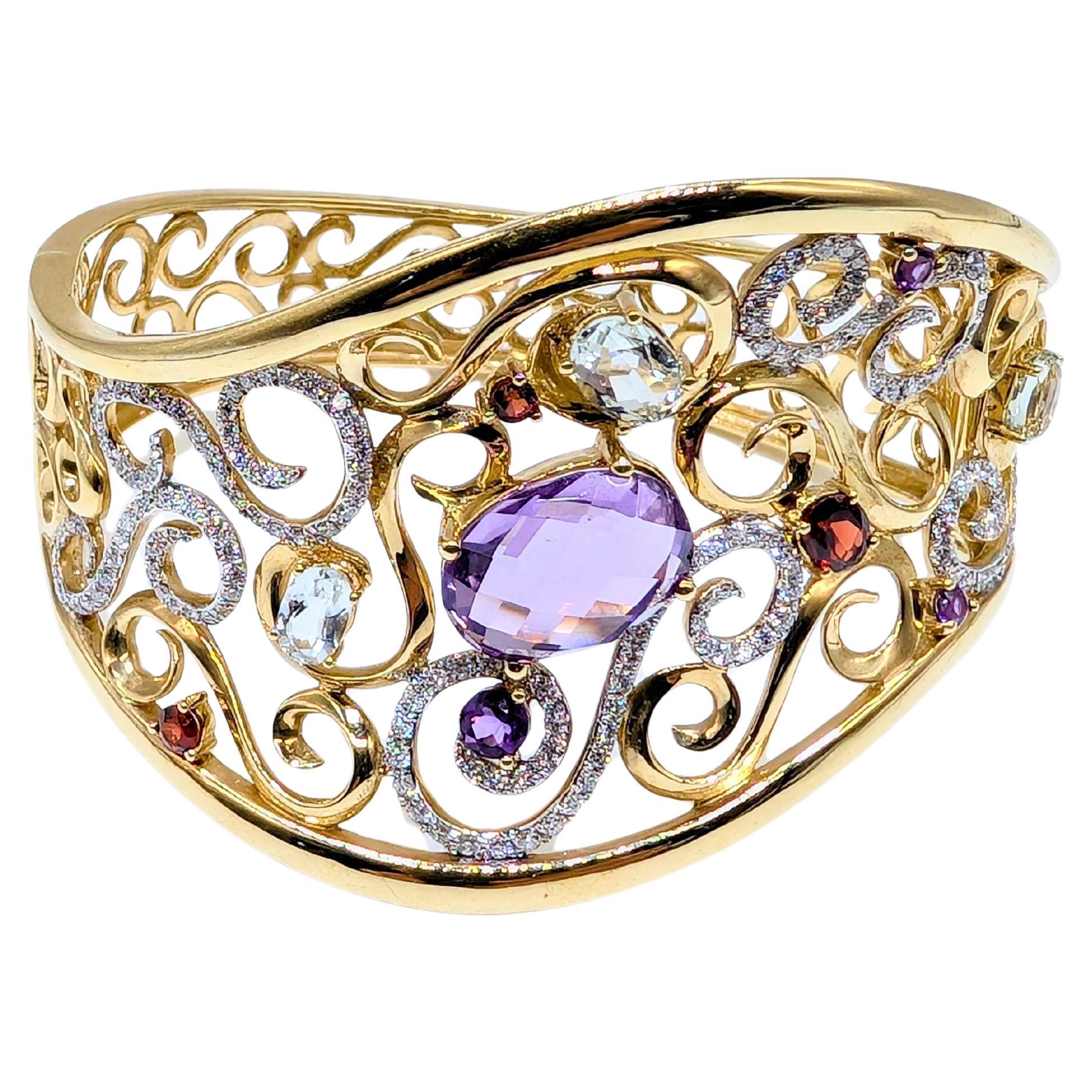 Semi-Precious Color Stone and Diamond 14k Yellow Gold Cuff Bracelet
