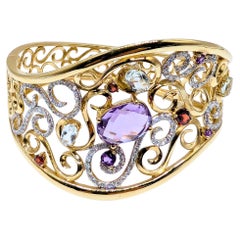 Semi-Precious Color Stone and Diamond 14k Yellow Gold Cuff Bracelet