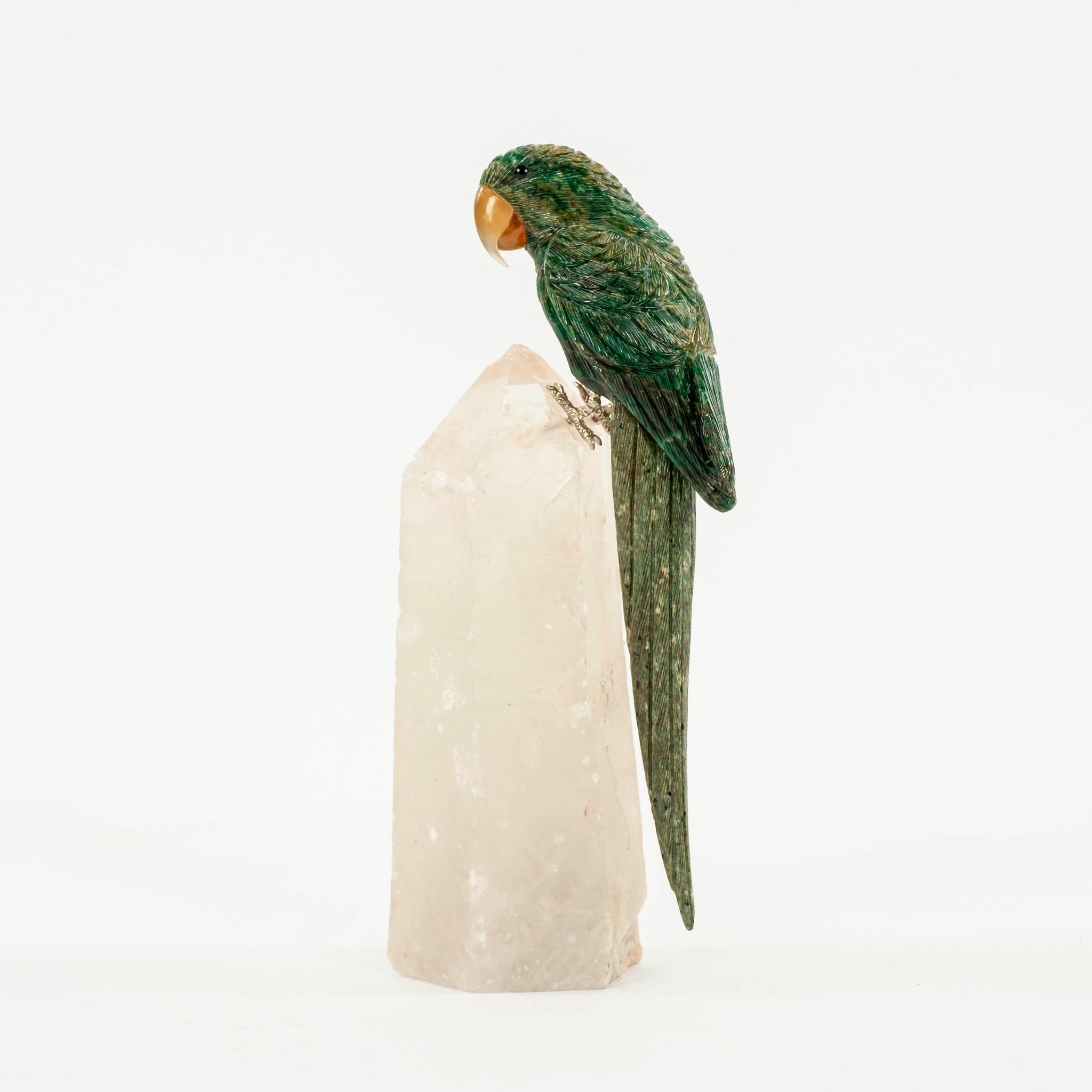 Aesthetic Movement Semi-Precious Gemstone Macaw Bird on Rock Quartz