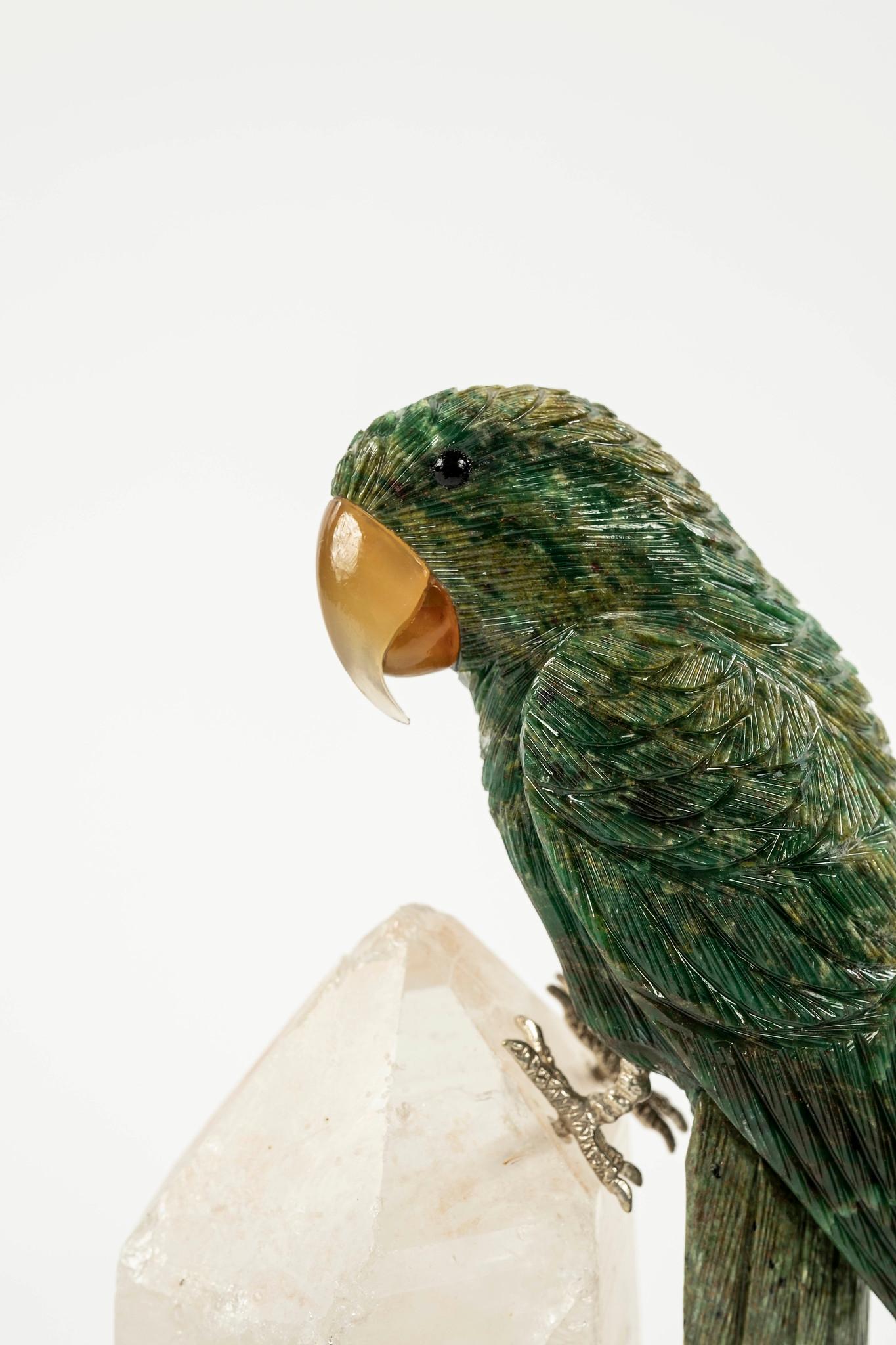 Hand-Carved Semi-Precious Gemstone Macaw Bird on Rock Quartz
