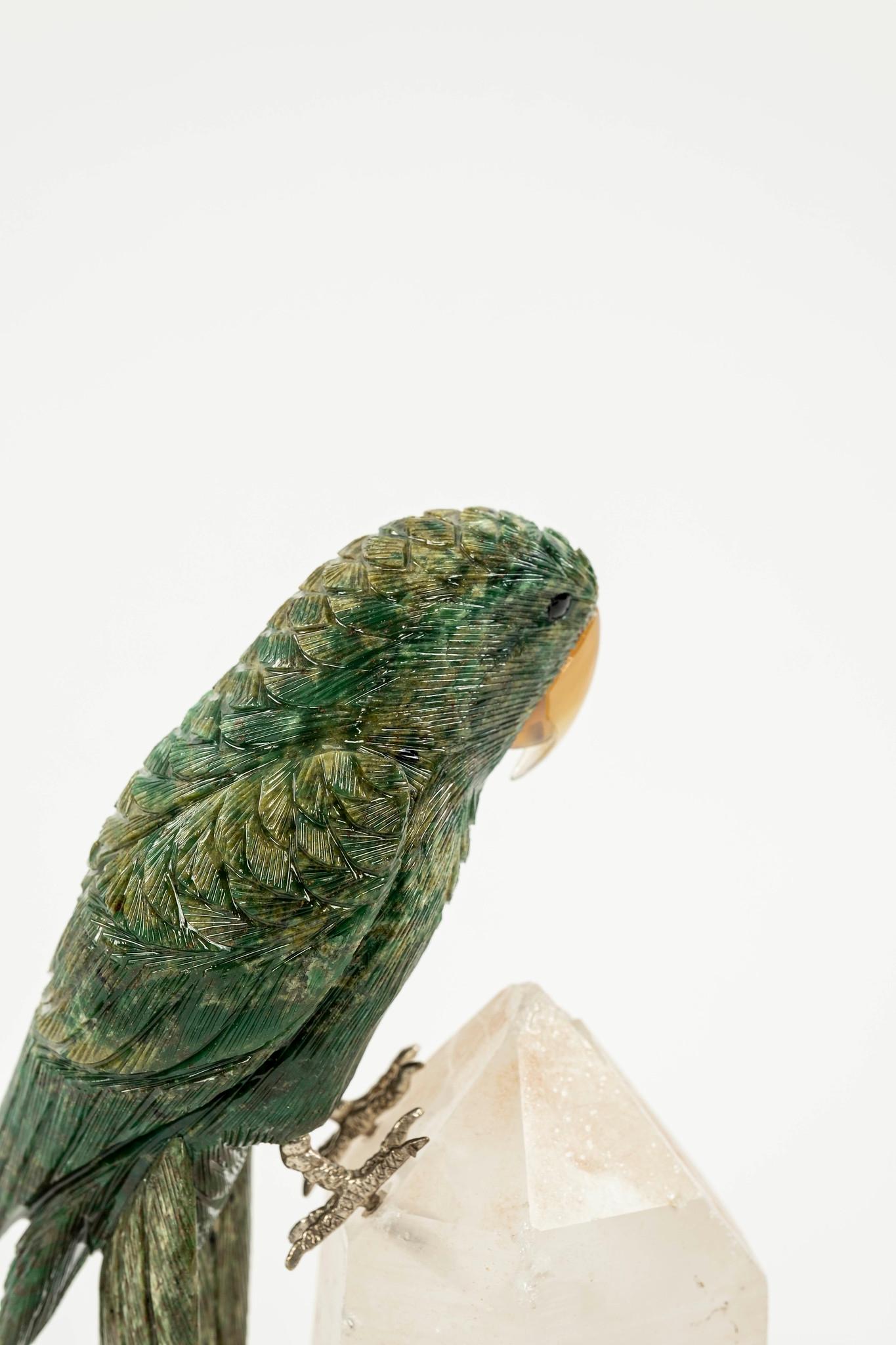 Semi-Precious Gemstone Macaw Bird on Rock Quartz In New Condition In Houston, TX