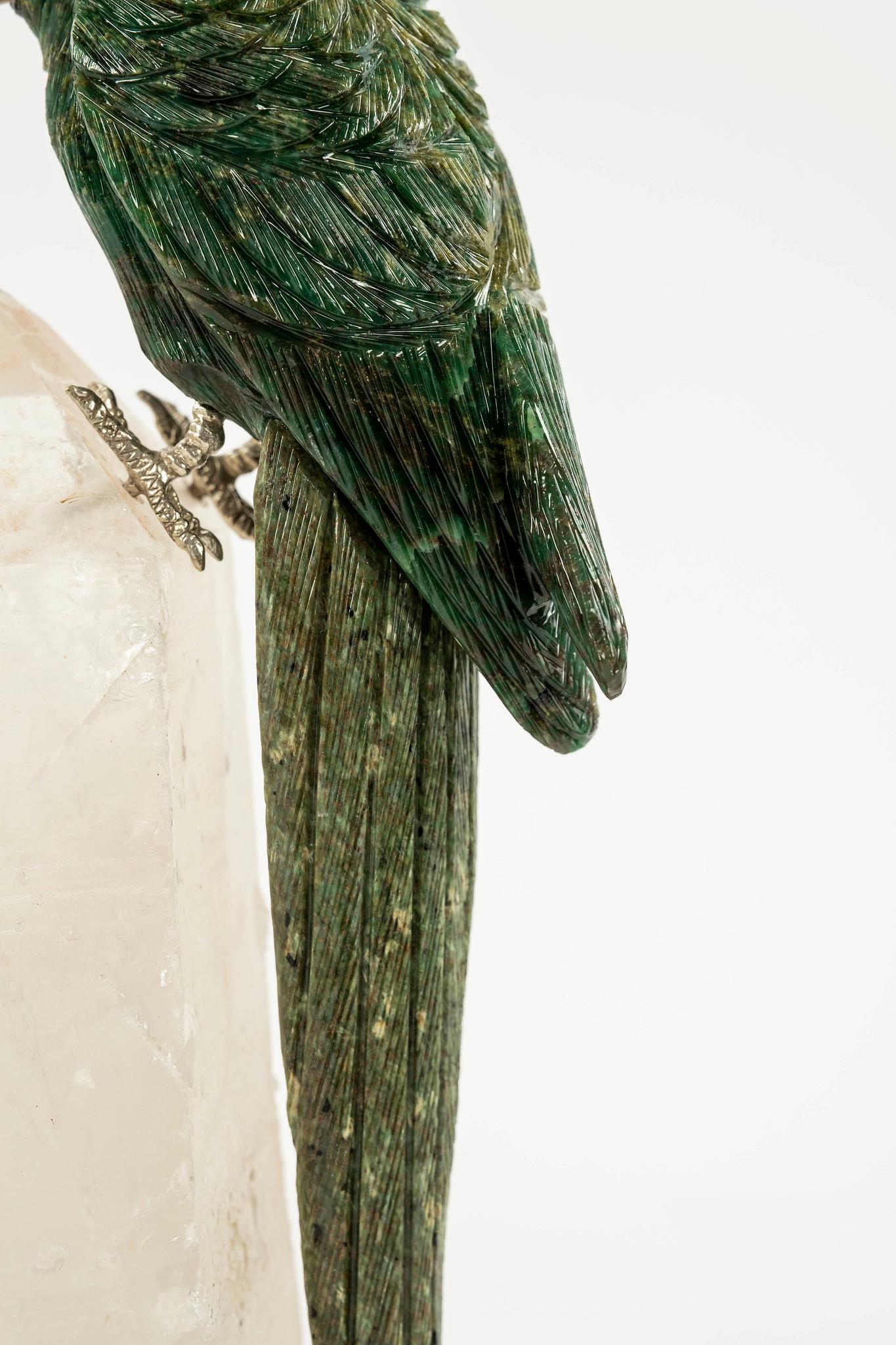 Contemporary Semi-Precious Gemstone Macaw Bird on Rock Quartz