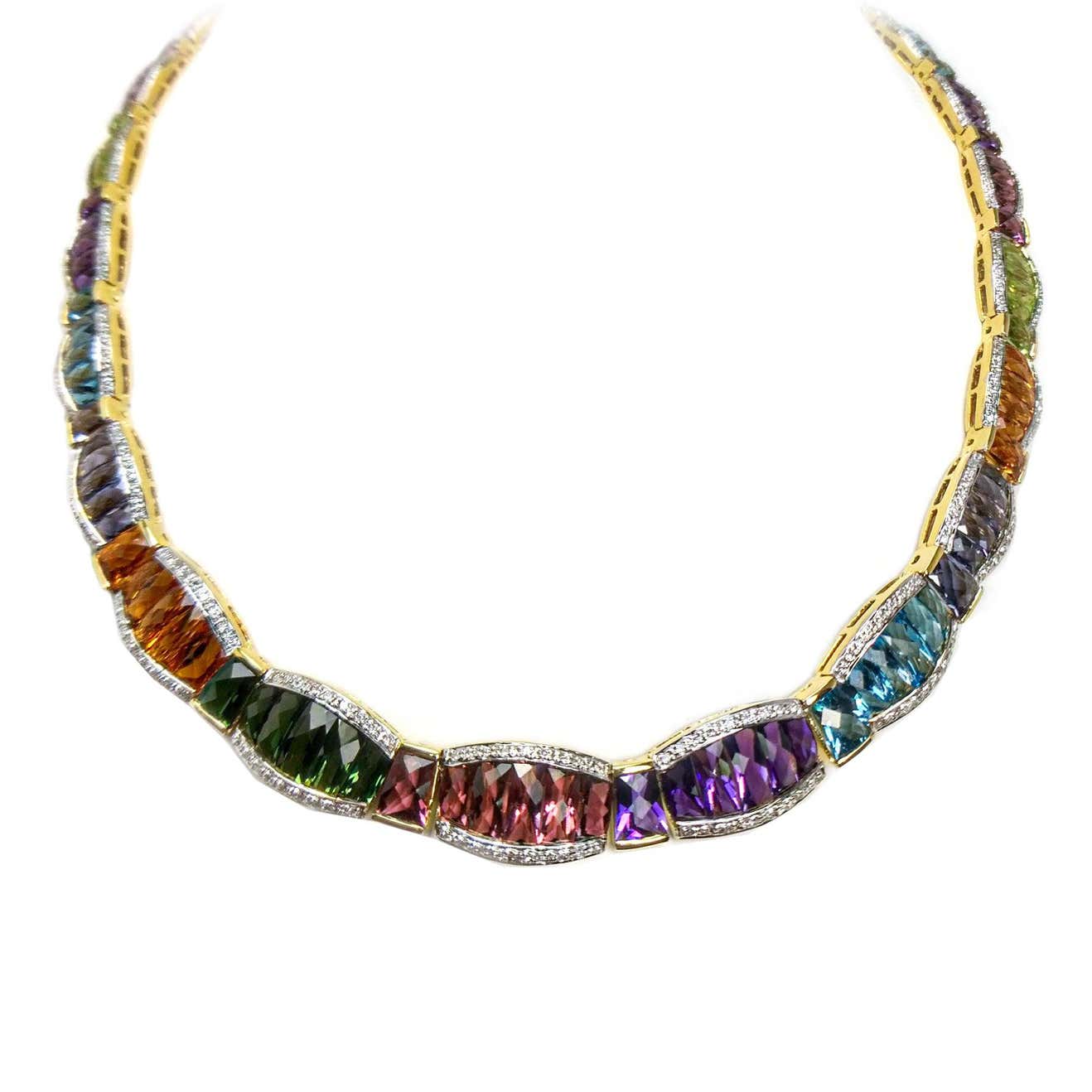 Multi Color Gemstones Yellow Gold Necklace at 1stDibs