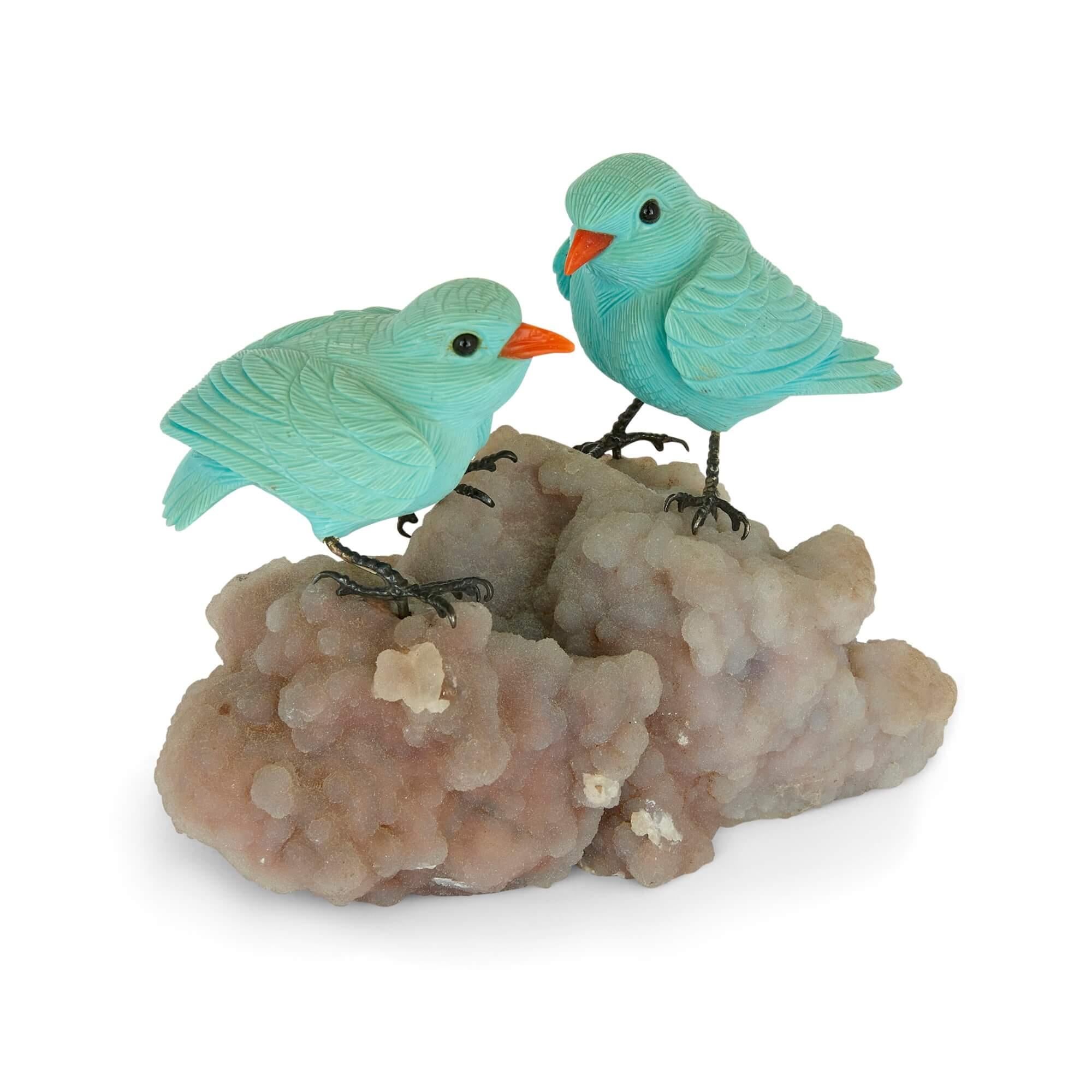 Semi-precious stone and silver bird model 
Continental, 20th Century 
Height 9cm, width 11cm, depth 6cm

A charming pair of sparrows perches atop a youngite agate rock. The birds are crafted from a selection of semi-precious stones. Turquoise is