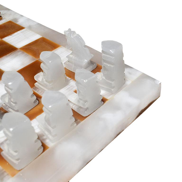 Post-Modern Semi Precious Stone Chess Set in Brown and Cream with Hand Carved Game Pieces