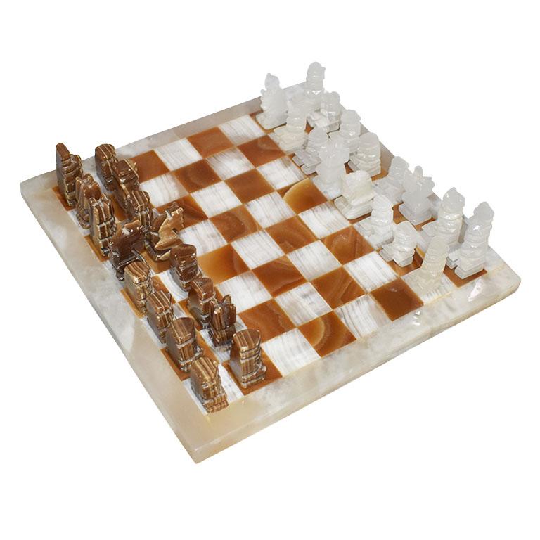 Semi Precious Stone Chess Set in Brown and Cream with Hand Carved Game Pieces In Good Condition In Oklahoma City, OK