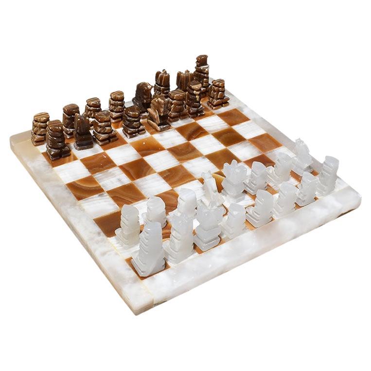 20th Century Semi Precious Stone Chess Set in Brown and Cream with Hand Carved Game Pieces