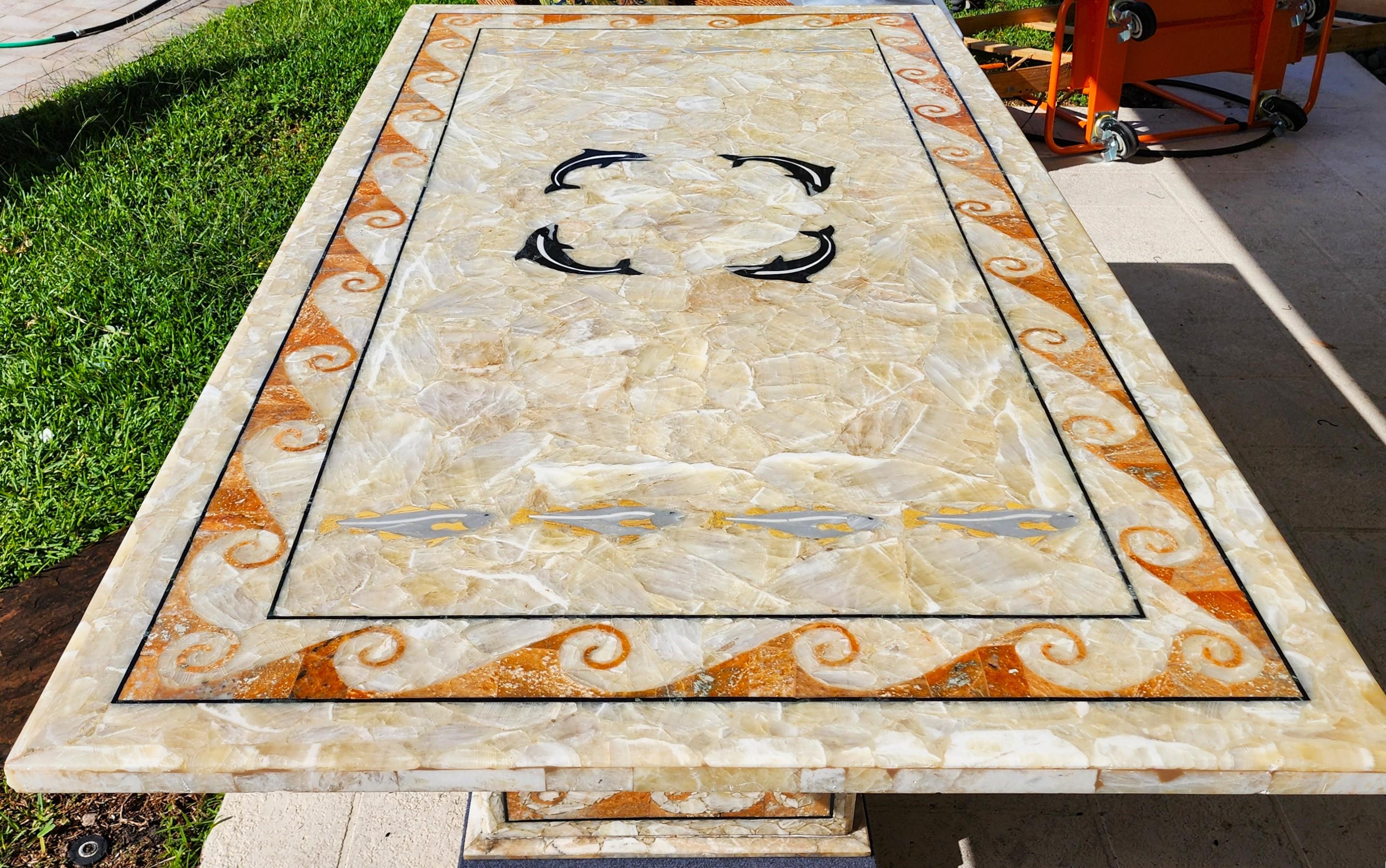Semi Precious Stone Dining Table Inlaid Orcas Fish Custom Made For Sale 4