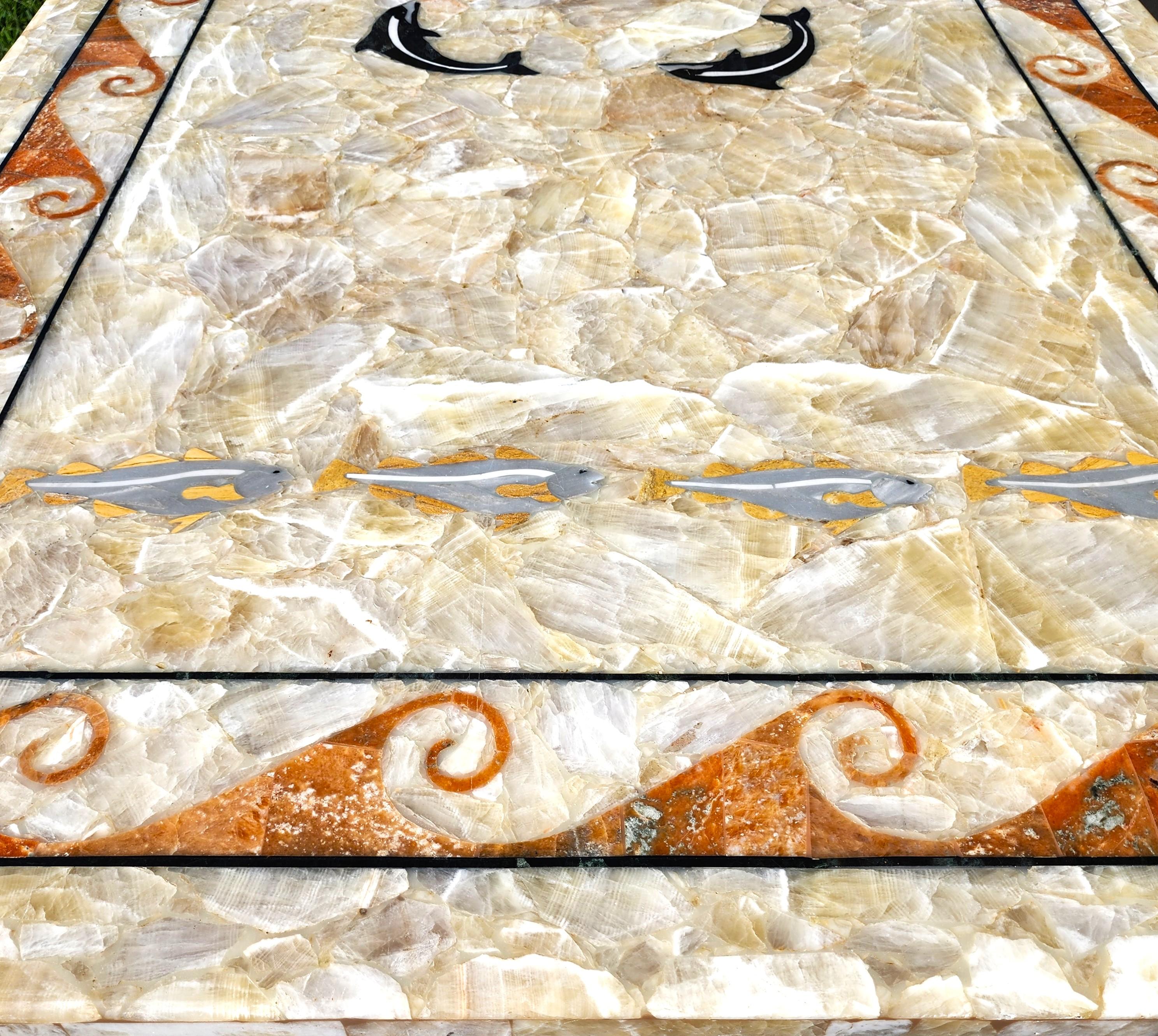 Semi Precious Stone Dining Table Inlaid Orcas Fish Custom Made For Sale 5