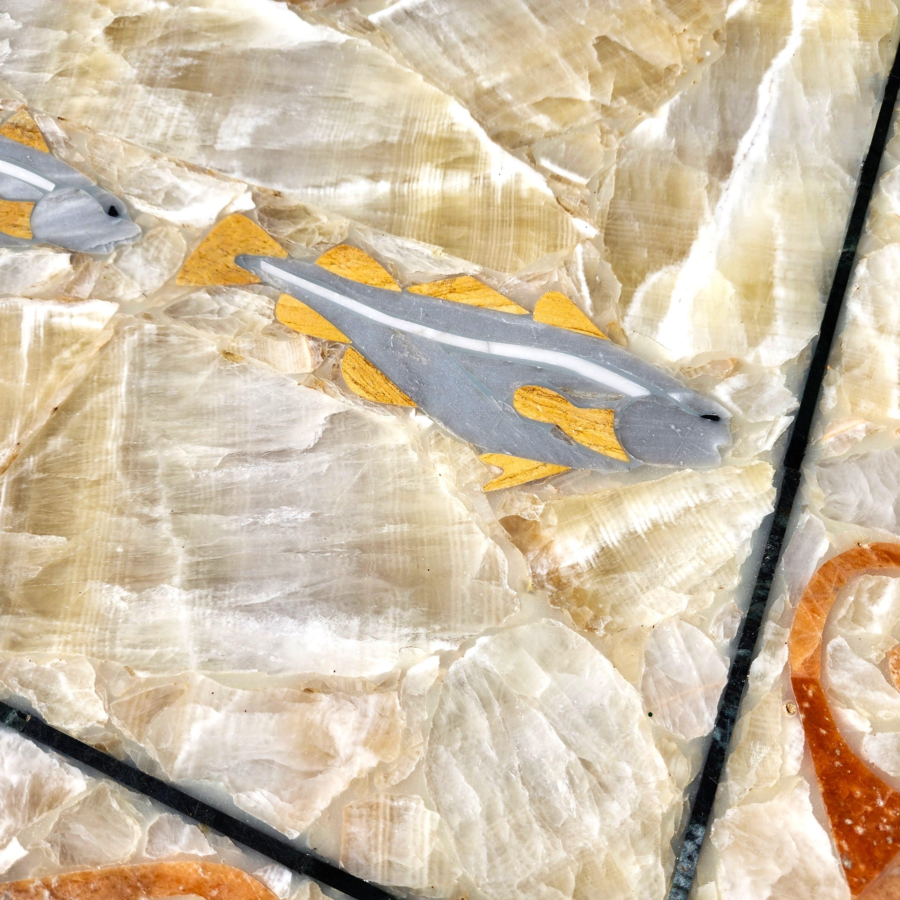 Semi Precious Stone Dining Table Inlaid Orcas Fish Custom Made For Sale 6