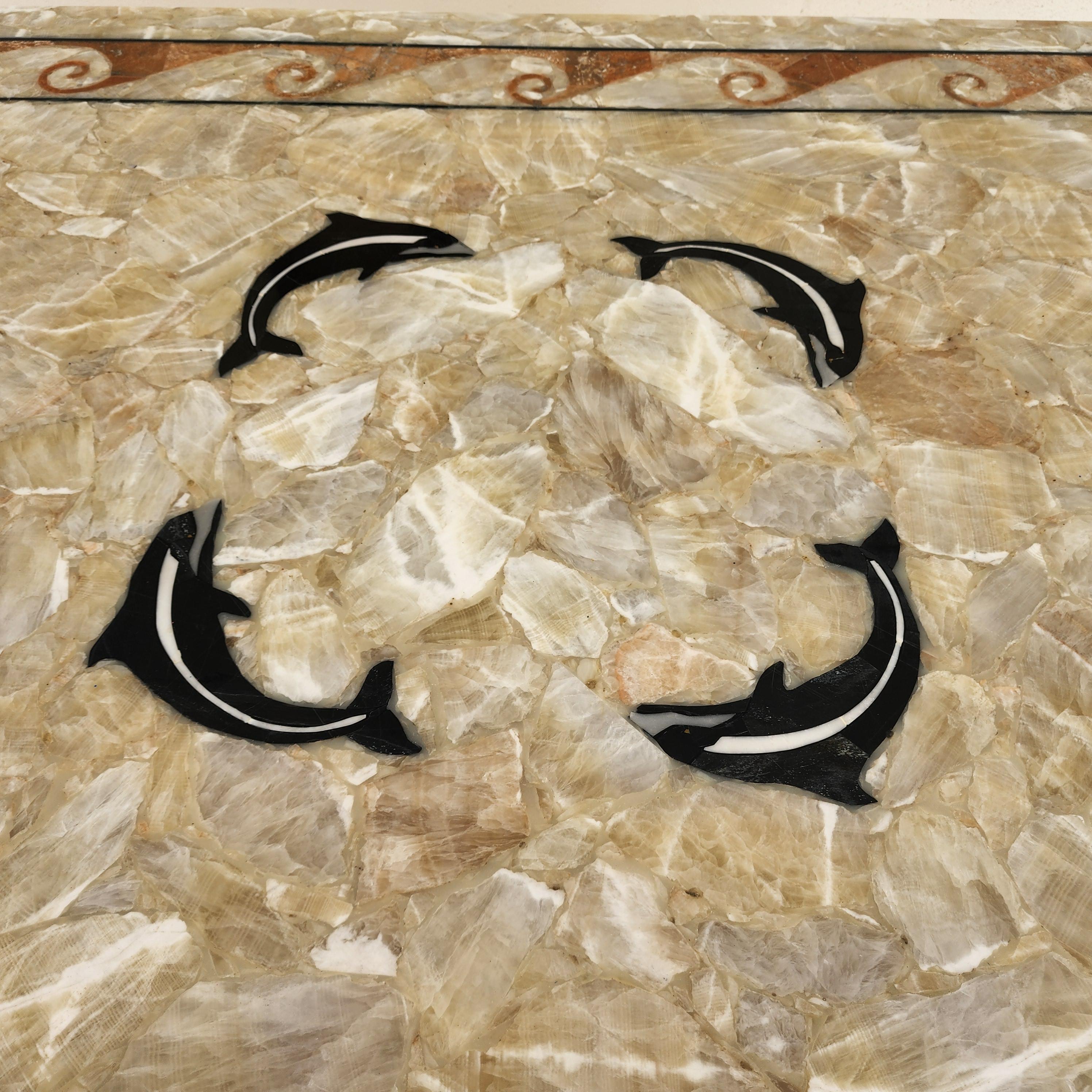 Semi Precious Stone Dining Table Inlaid Orcas Fish Custom Made For Sale 7
