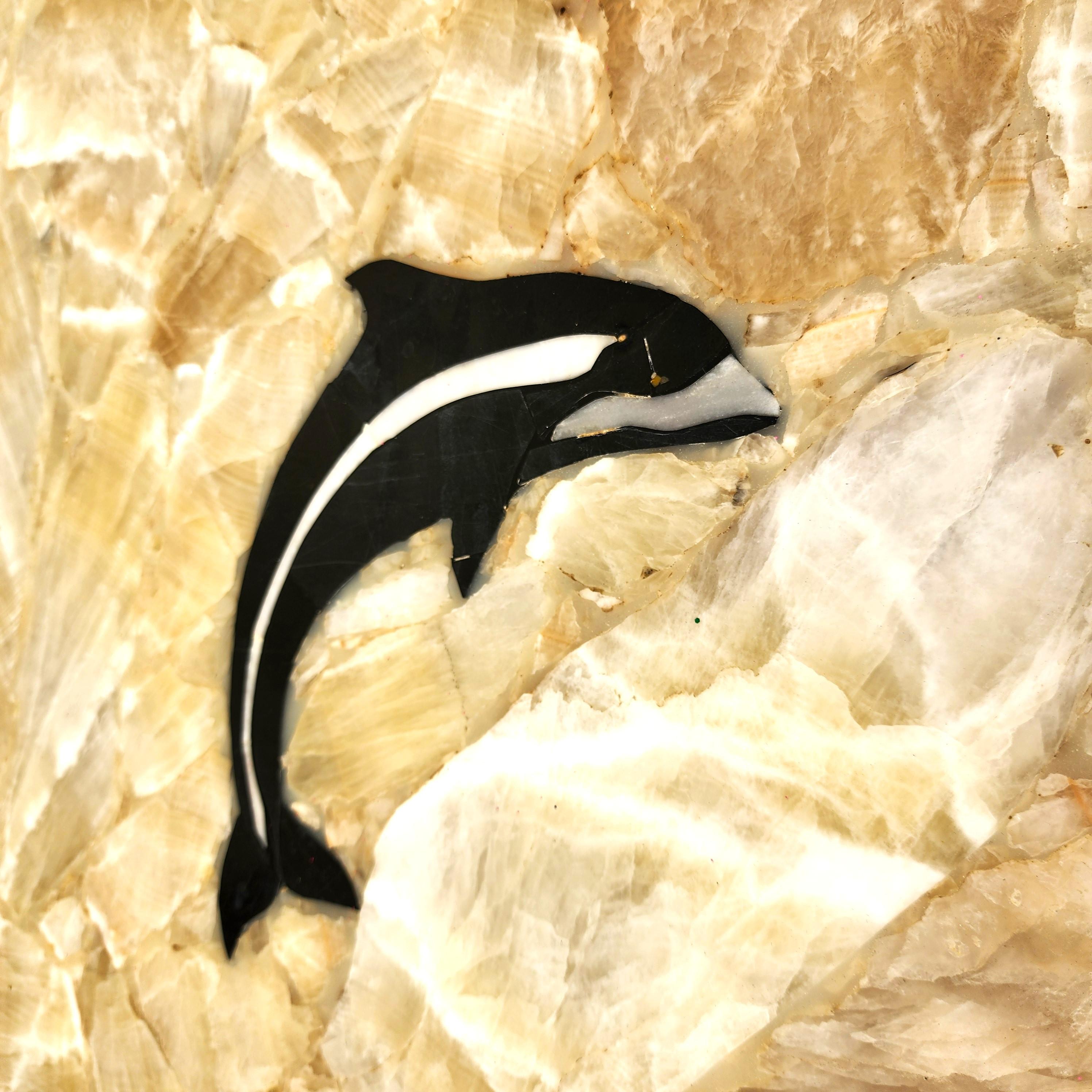 Semi Precious Stone Dining Table Inlaid Orcas Fish Custom Made For Sale 8