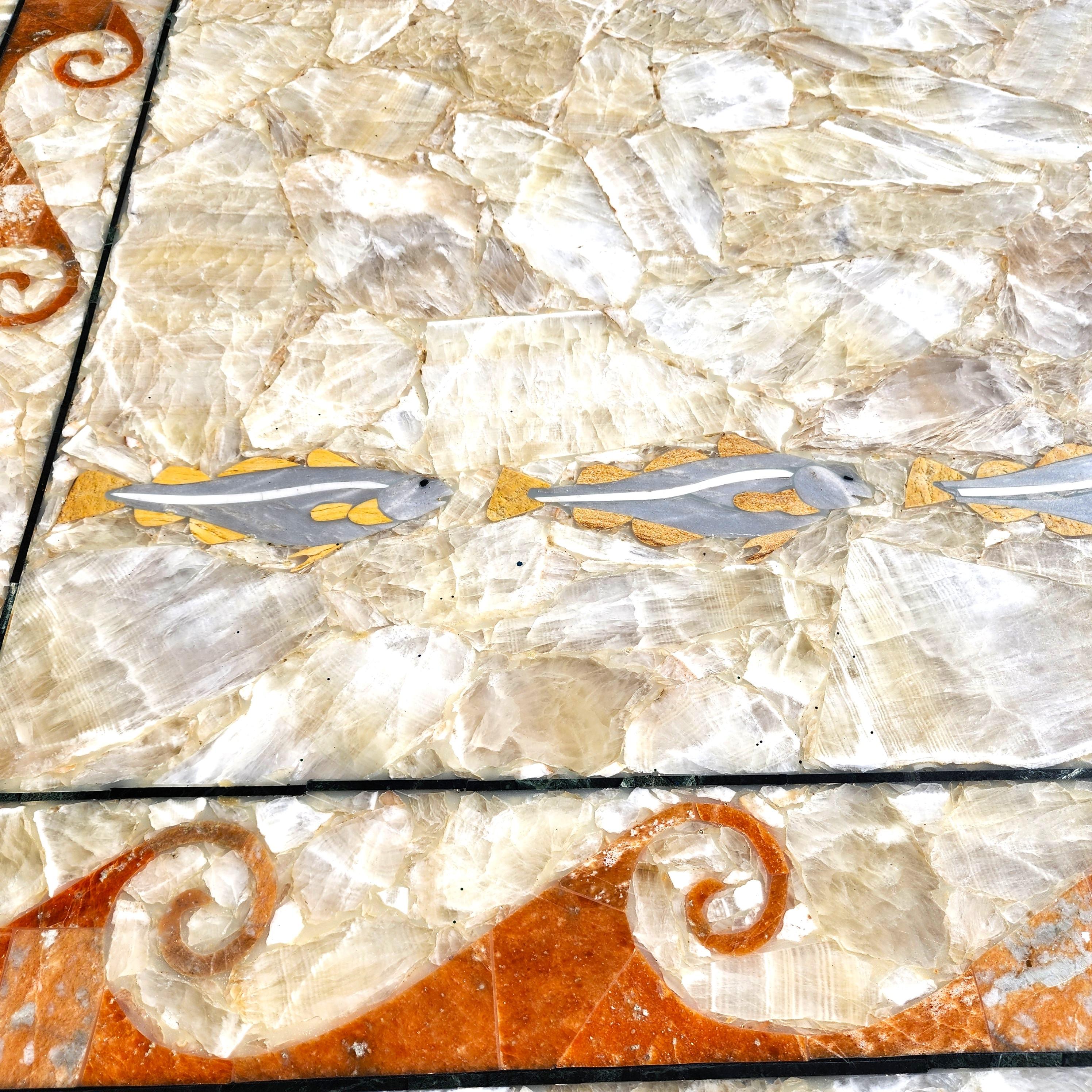 Semi Precious Stone Dining Table Inlaid Orcas Fish Custom Made In Good Condition For Sale In Lake Worth, FL