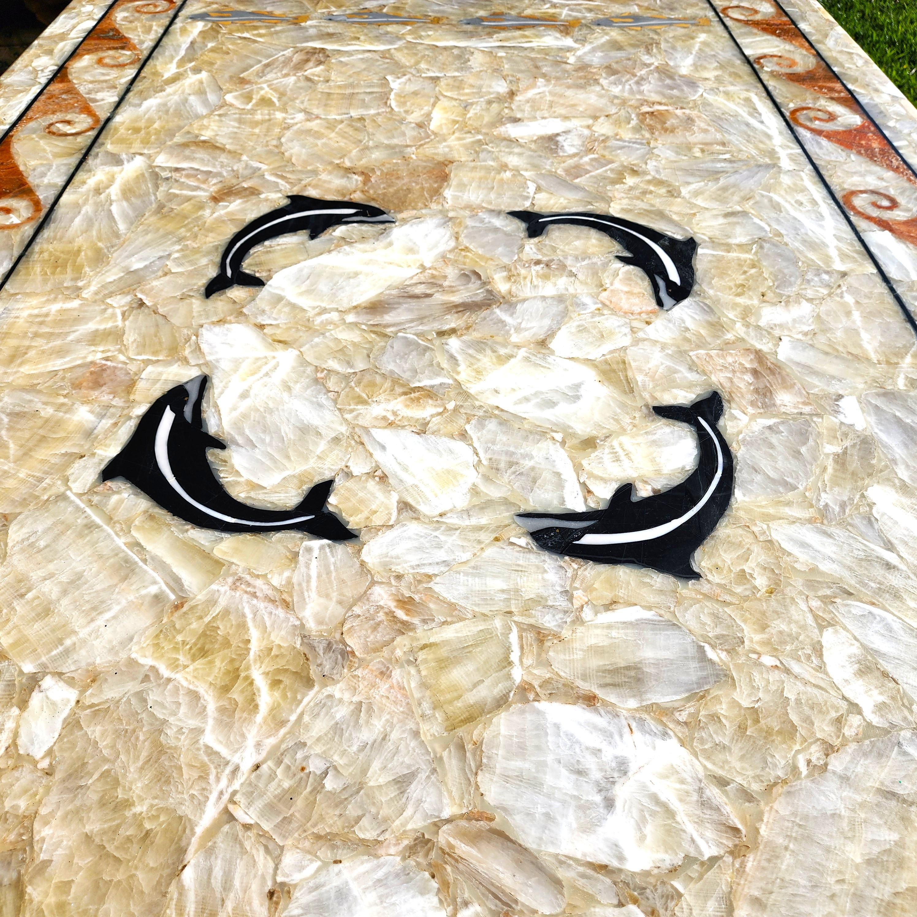 Late 20th Century Semi Precious Stone Dining Table Inlaid Orcas Fish Custom Made For Sale