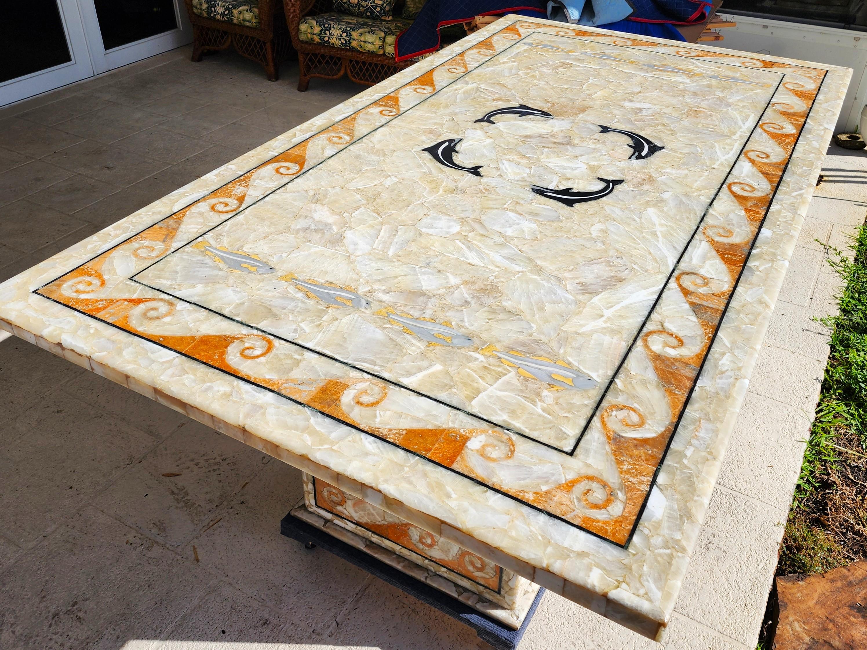 Semi Precious Stone Dining Table Inlaid Orcas Fish Custom Made For Sale 3