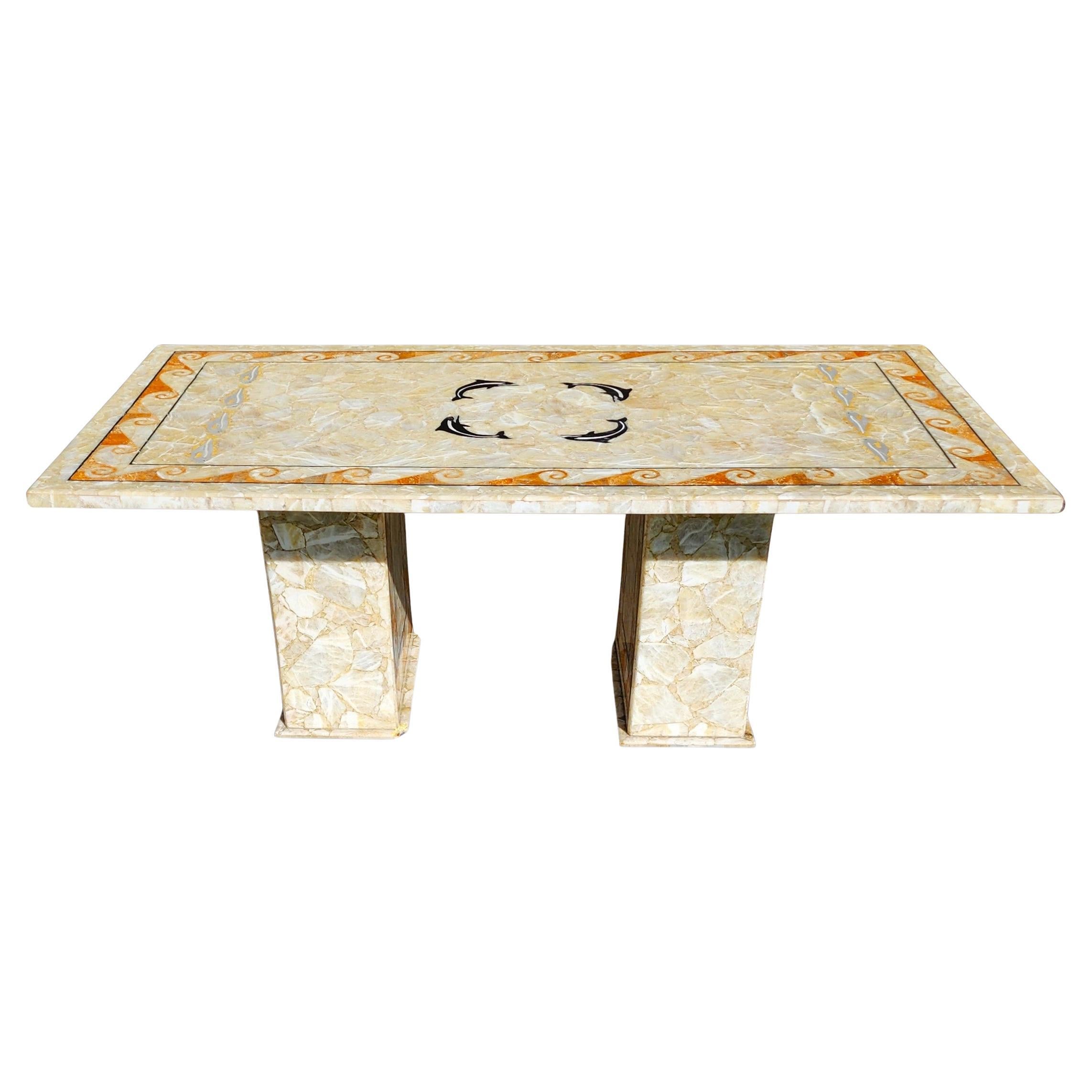 Semi Precious Stone Dining Table Inlaid Orcas Fish Custom Made For Sale