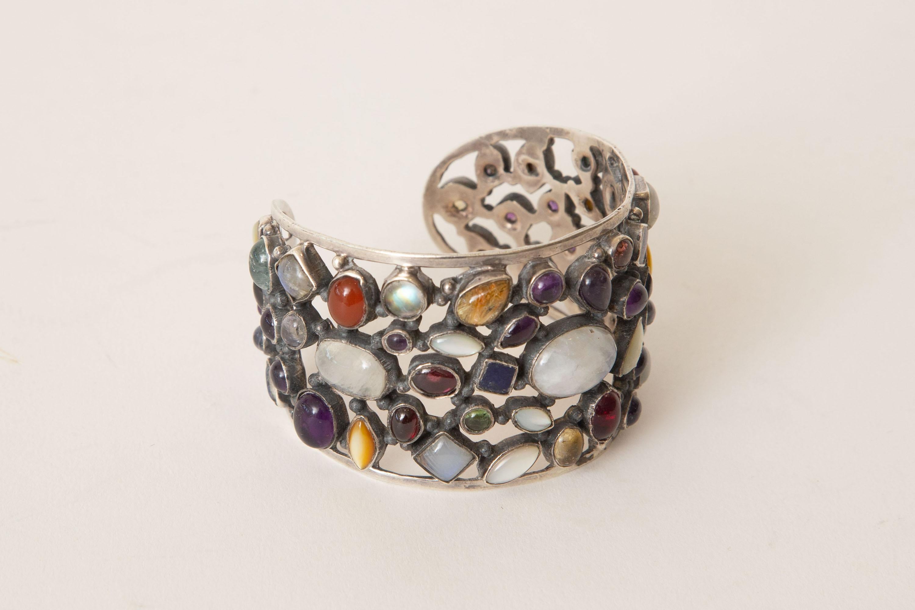 silver cuff bracelet with gemstones