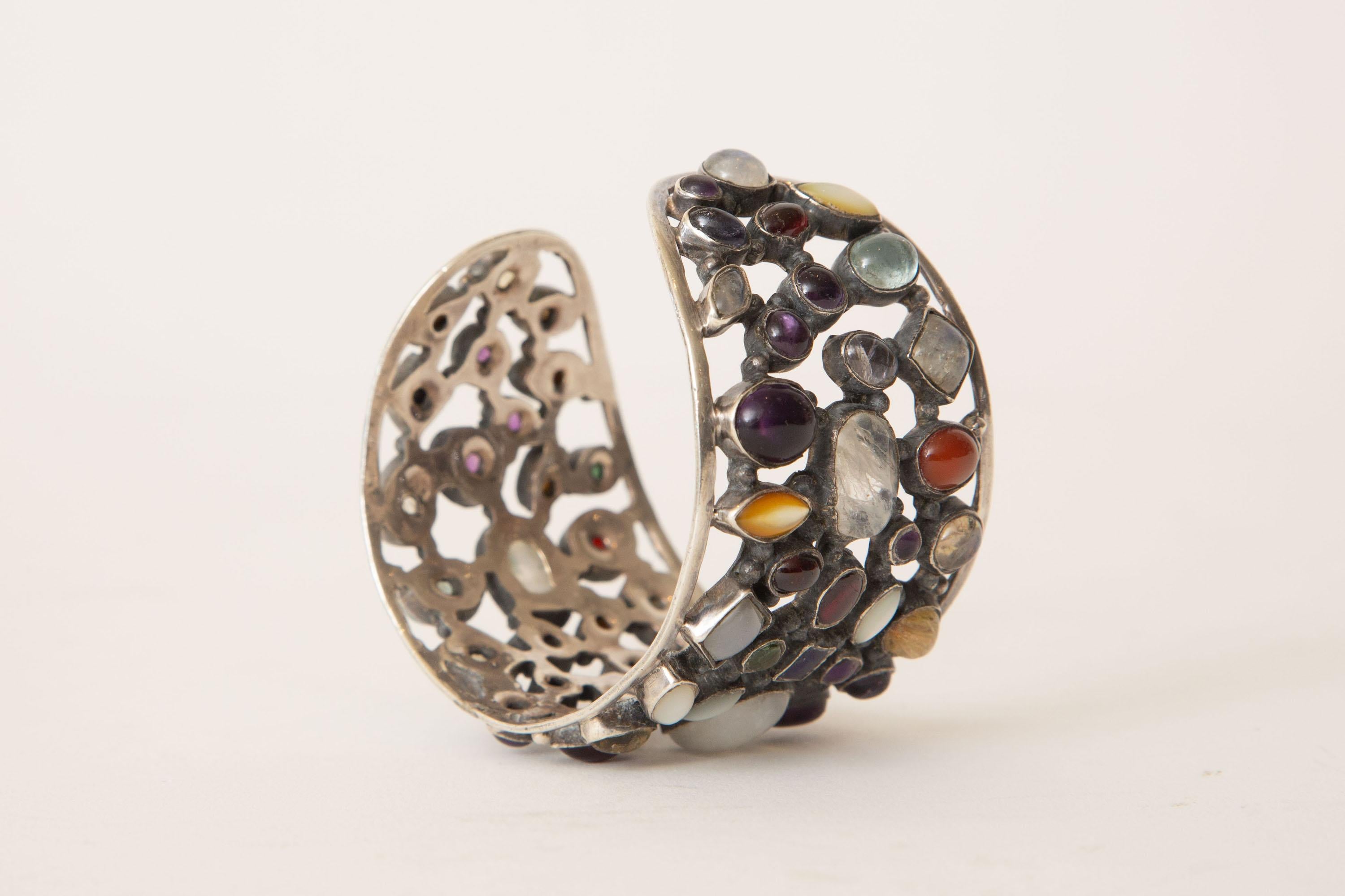 Modern  Sterling Silver and Semi Precious Stones Cuff Bracelet For Sale