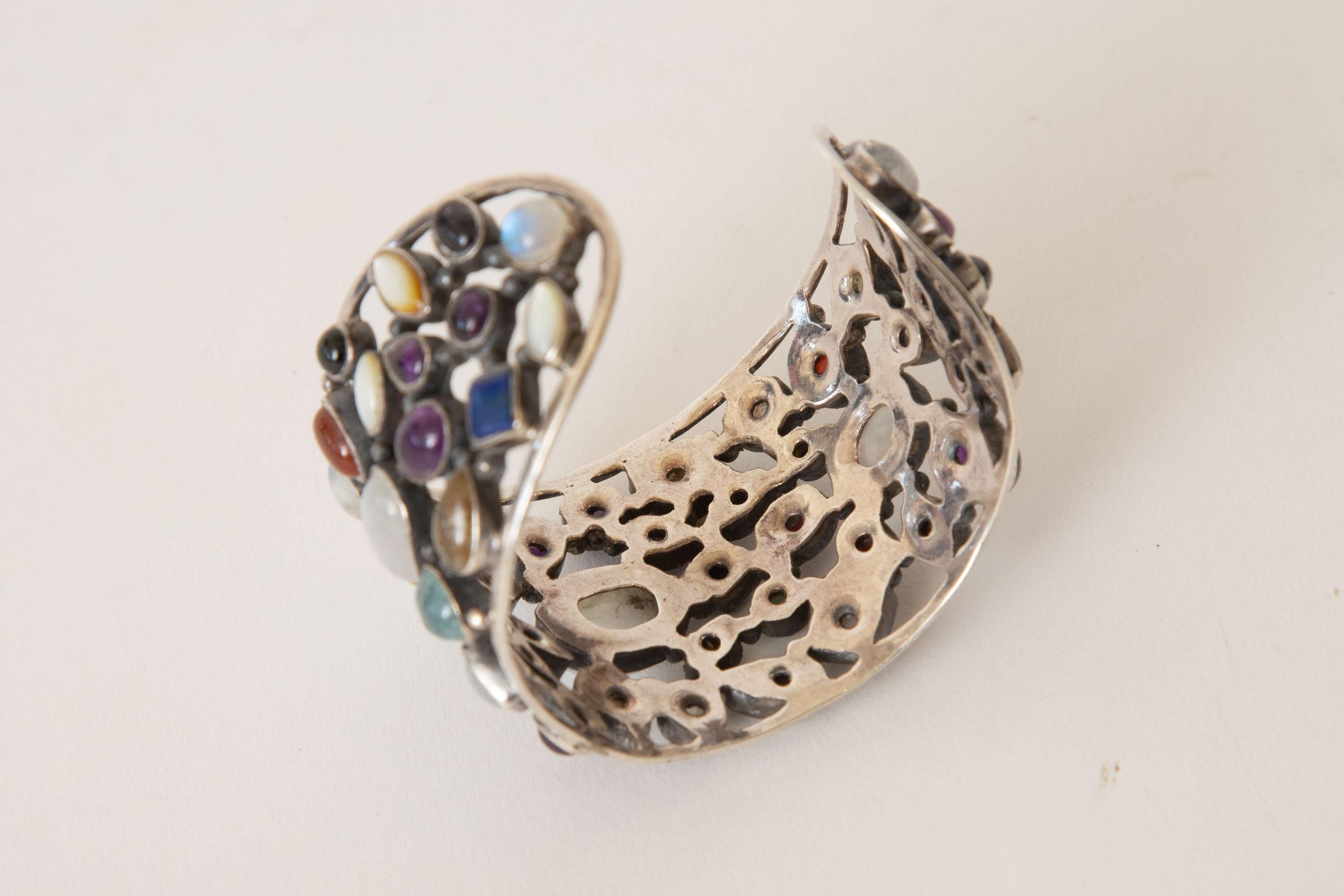  Sterling Silver and Semi Precious Stones Cuff Bracelet In Good Condition For Sale In North Miami, FL