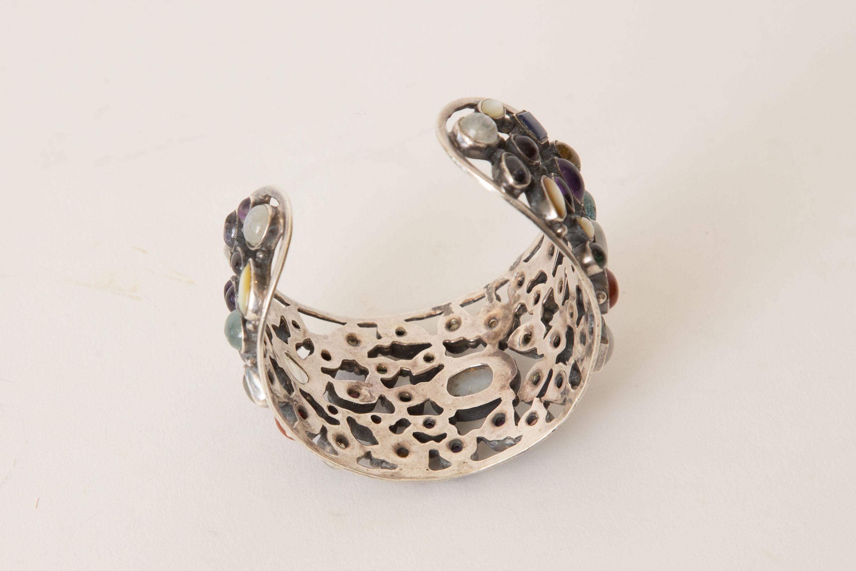 Women's  Sterling Silver and Semi Precious Stones Cuff Bracelet For Sale